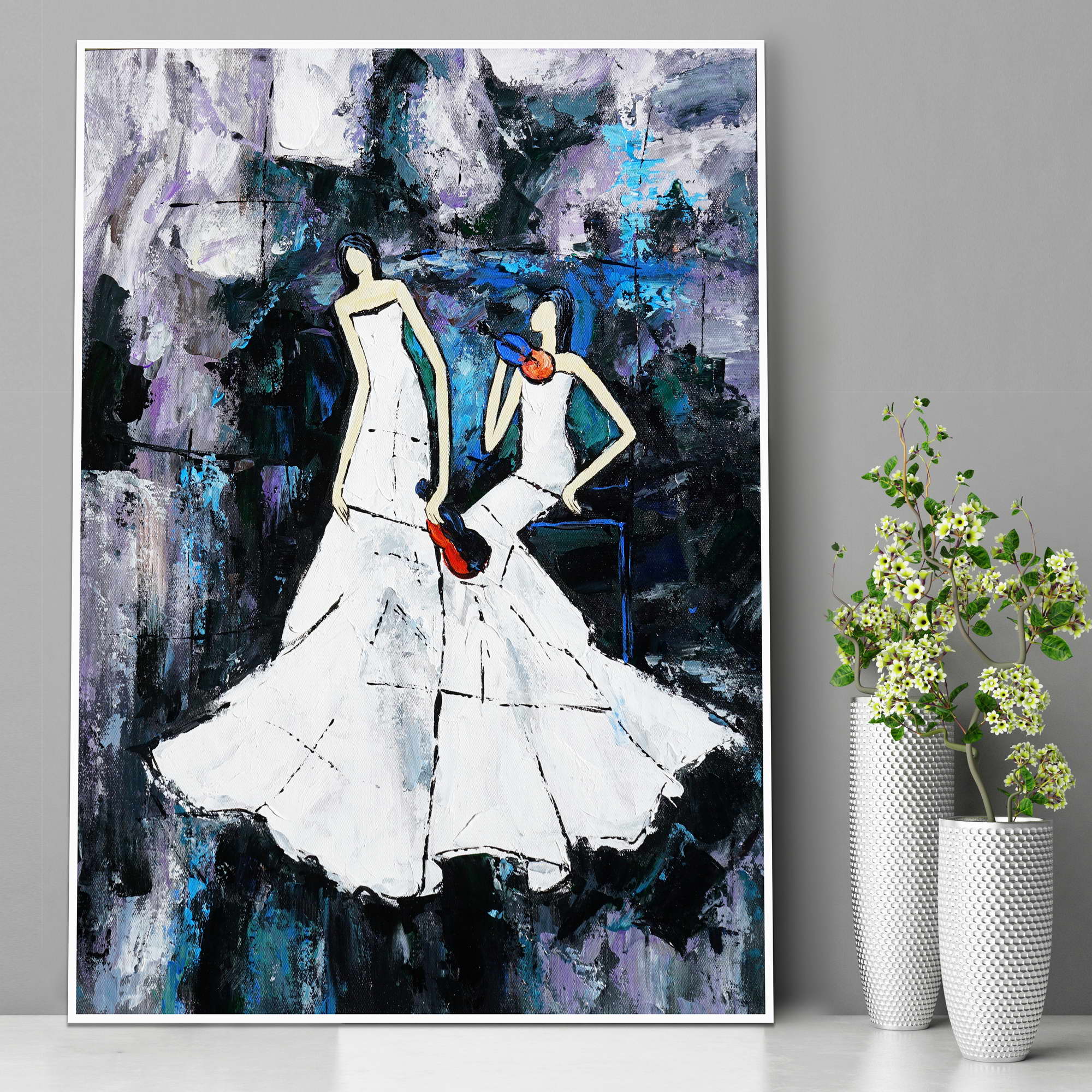 Dipinto astratto Coppia di Violiniste in abito bianco