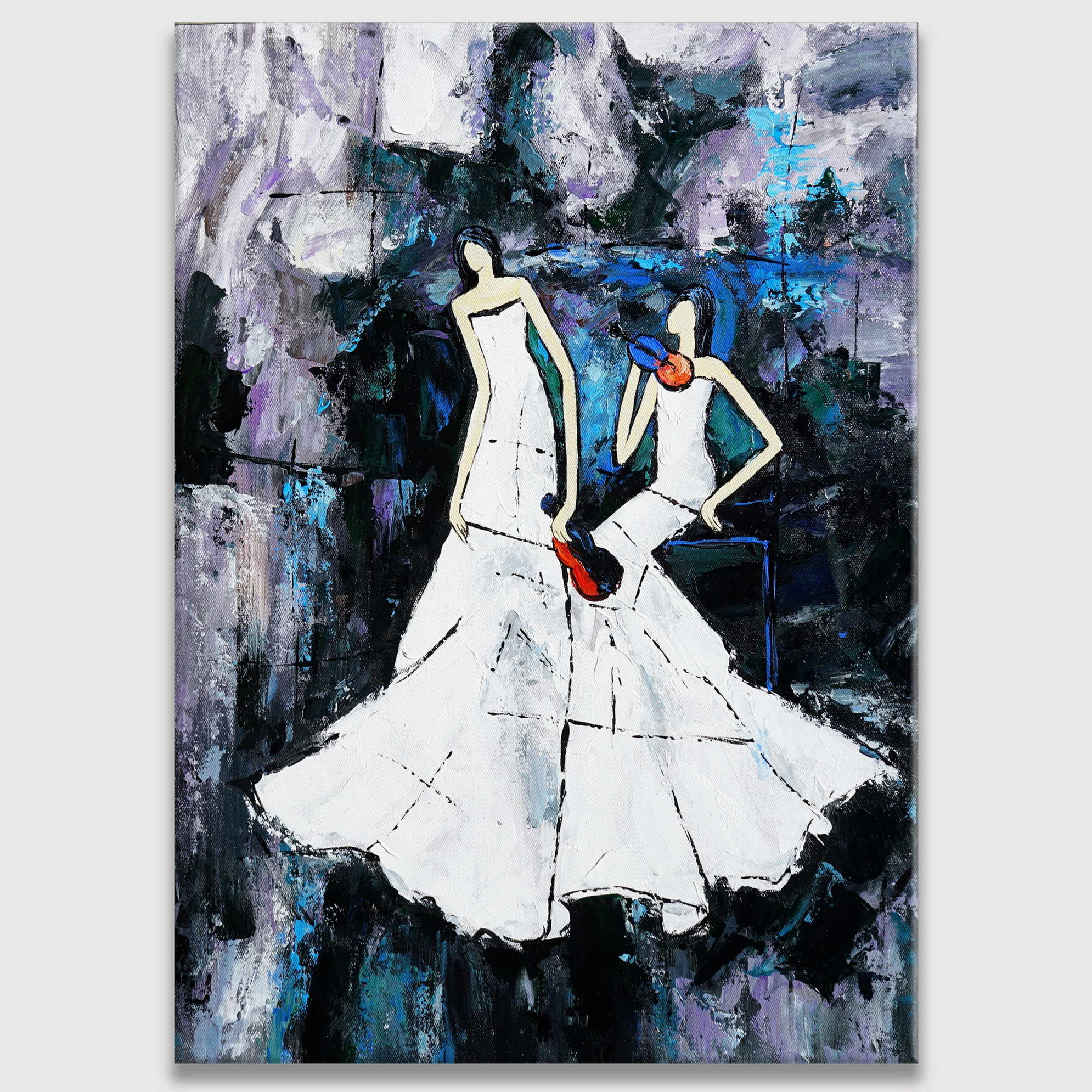 Dipinto a mano Coppia di Violiniste in abito bianco 50x70cm