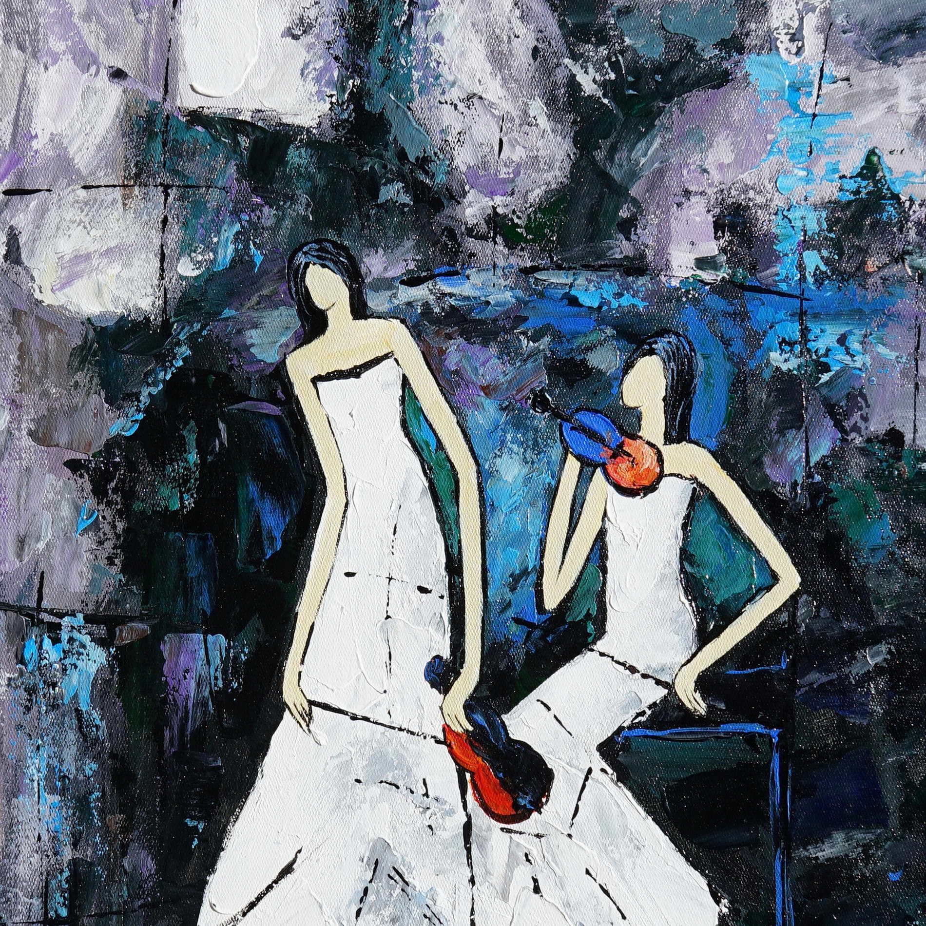 Hand painted Pair of Violinists in white dress 50x70cm