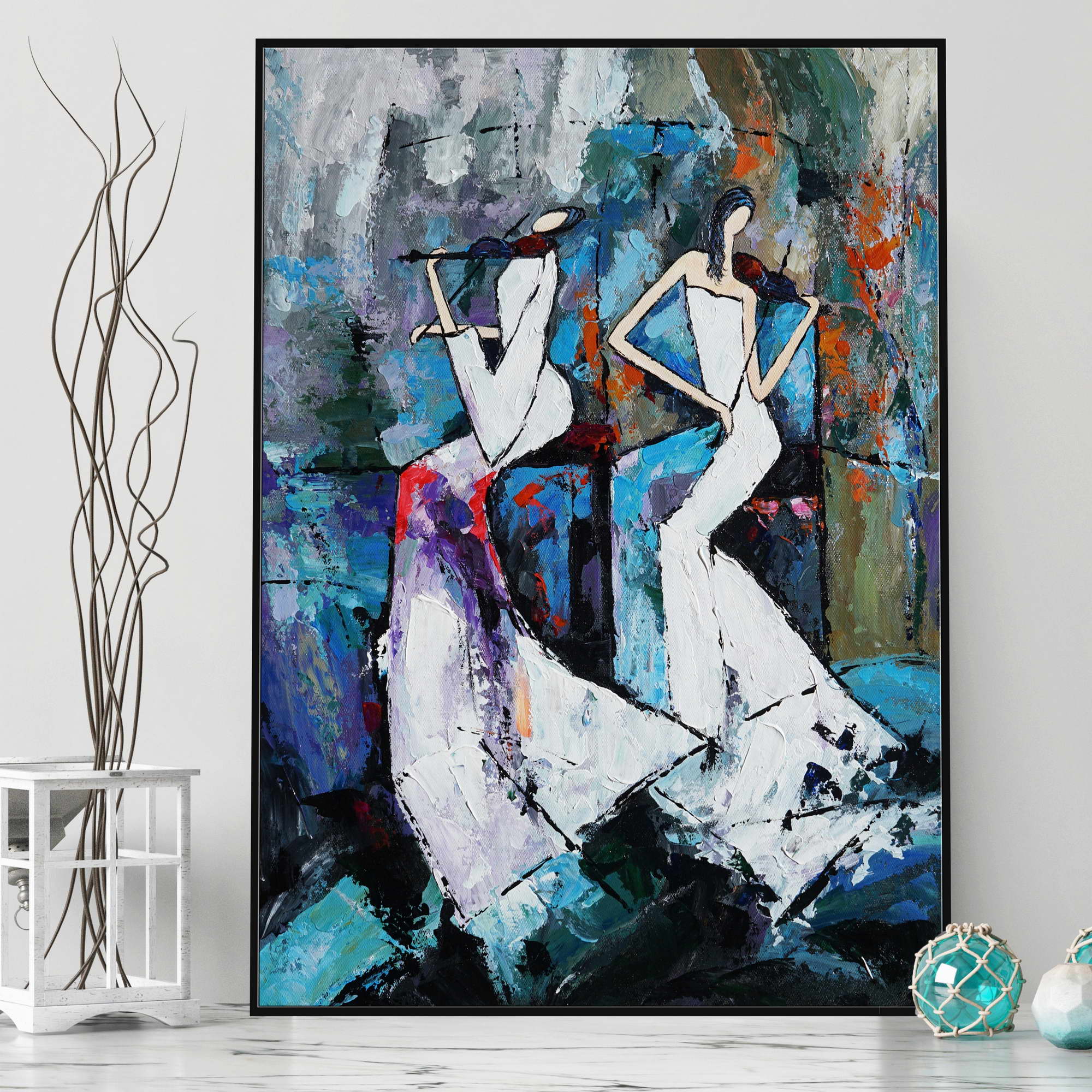 Hand painted Abstract Violinists in white dresses 50x70cm