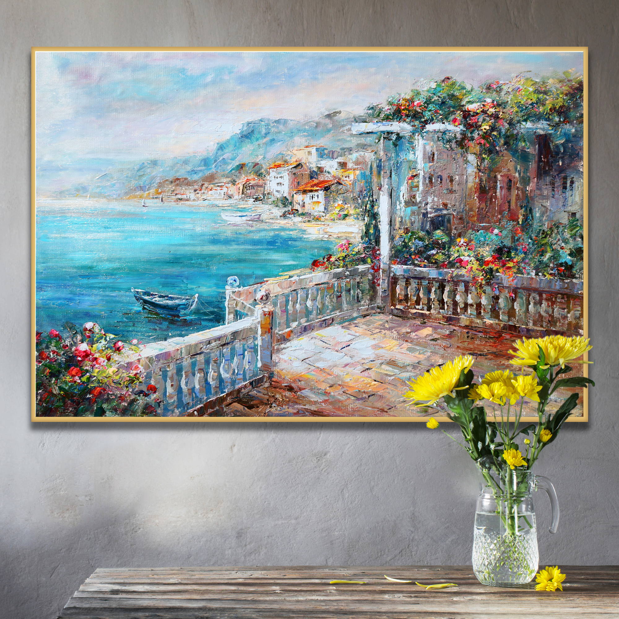 Dipinto di una vista sul lago di Garda da una terrazza fiorita