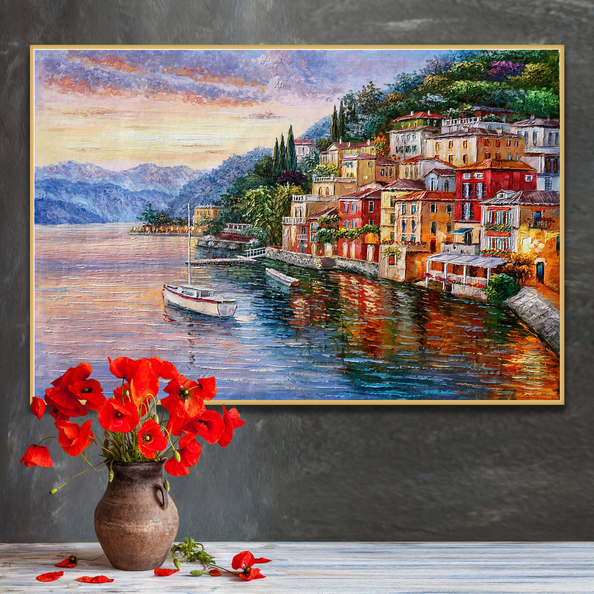 Dipinto di un Varenna sul lago di Como con case colorate e riflessi sull'acqua