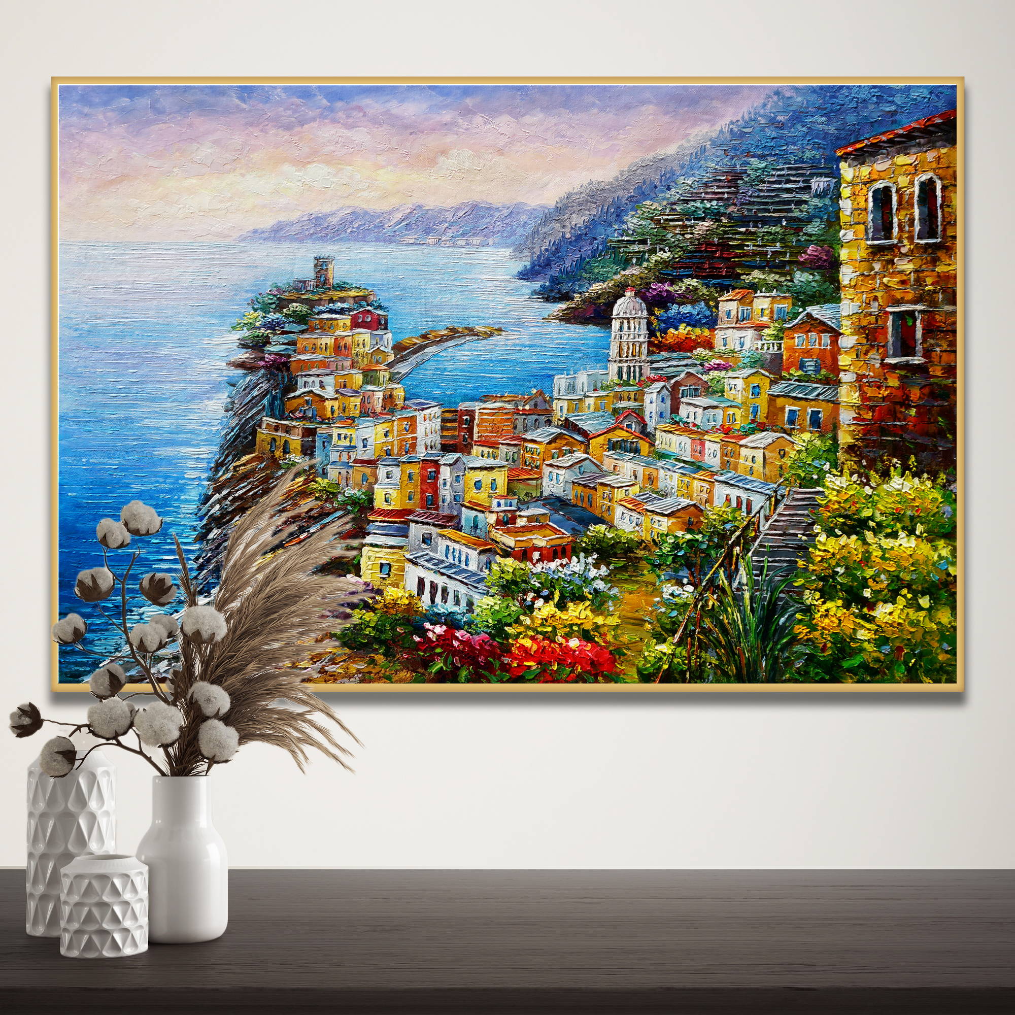Dipinto borgo marinaro nelle Cinque Terre a Vernazza