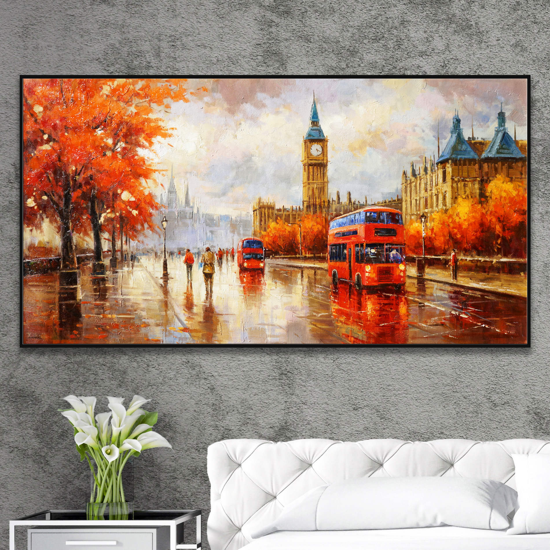 Dipinto di una scena autunnale a Londra con Big Ben e bus rossi