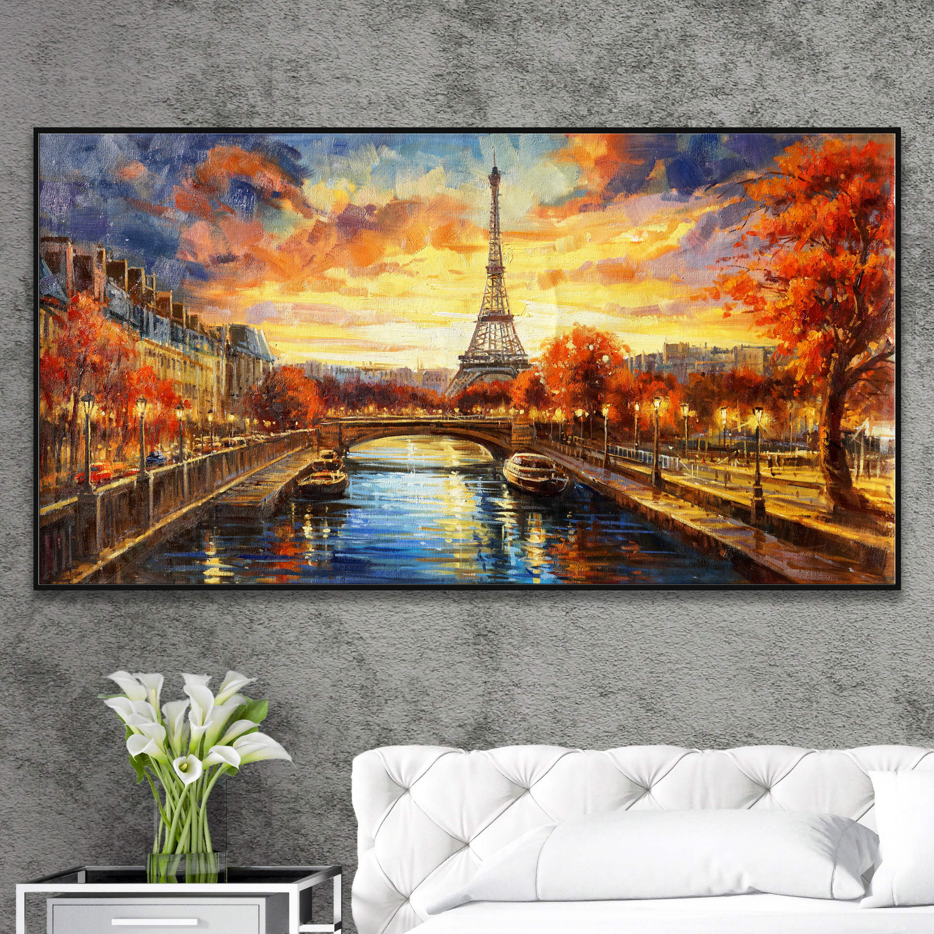 Dipinto di Parigi in autunno con la Torre Eiffel e i vieli alberati lungo la Senna