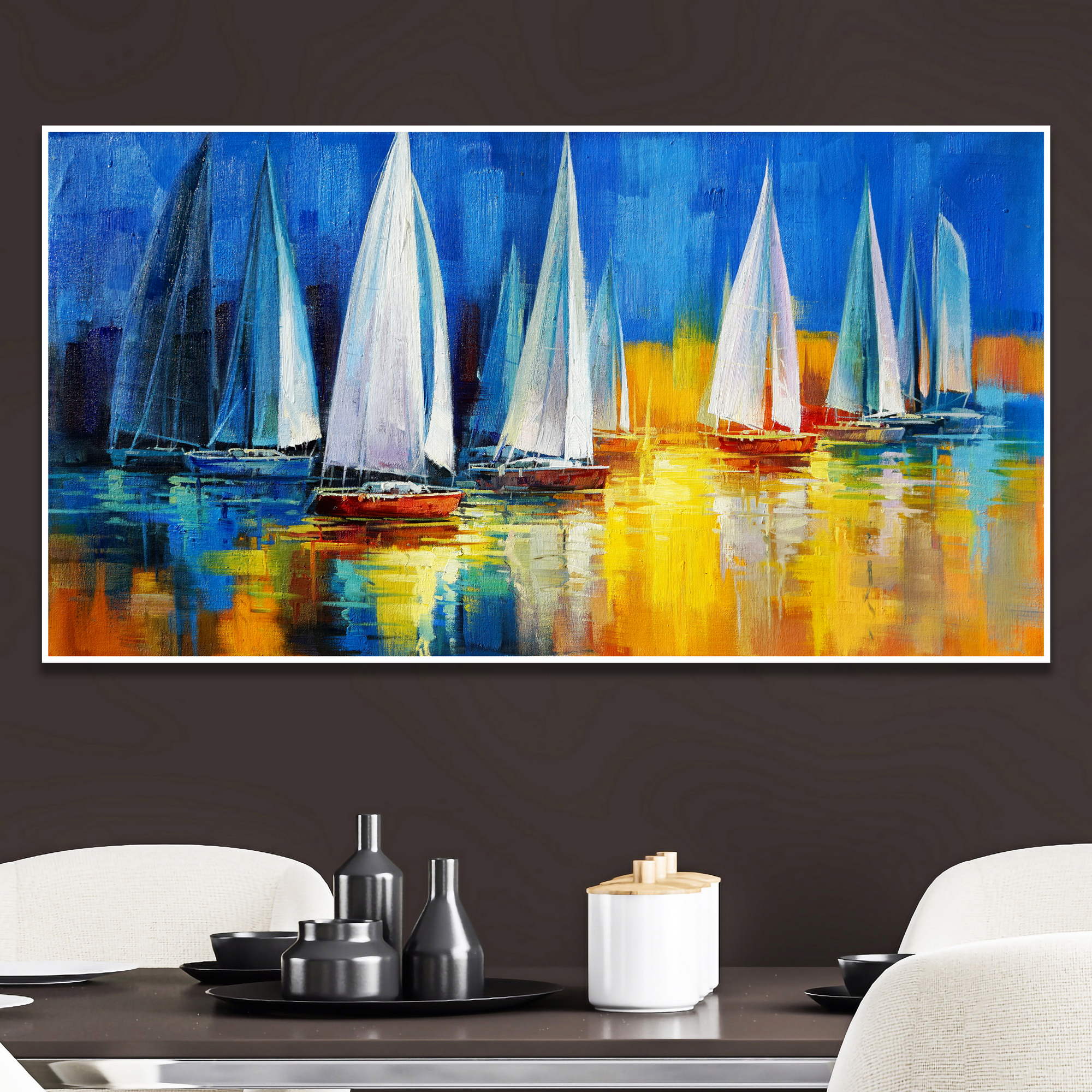 Abstract painting Regatta Sails at Sunset 60x120cm