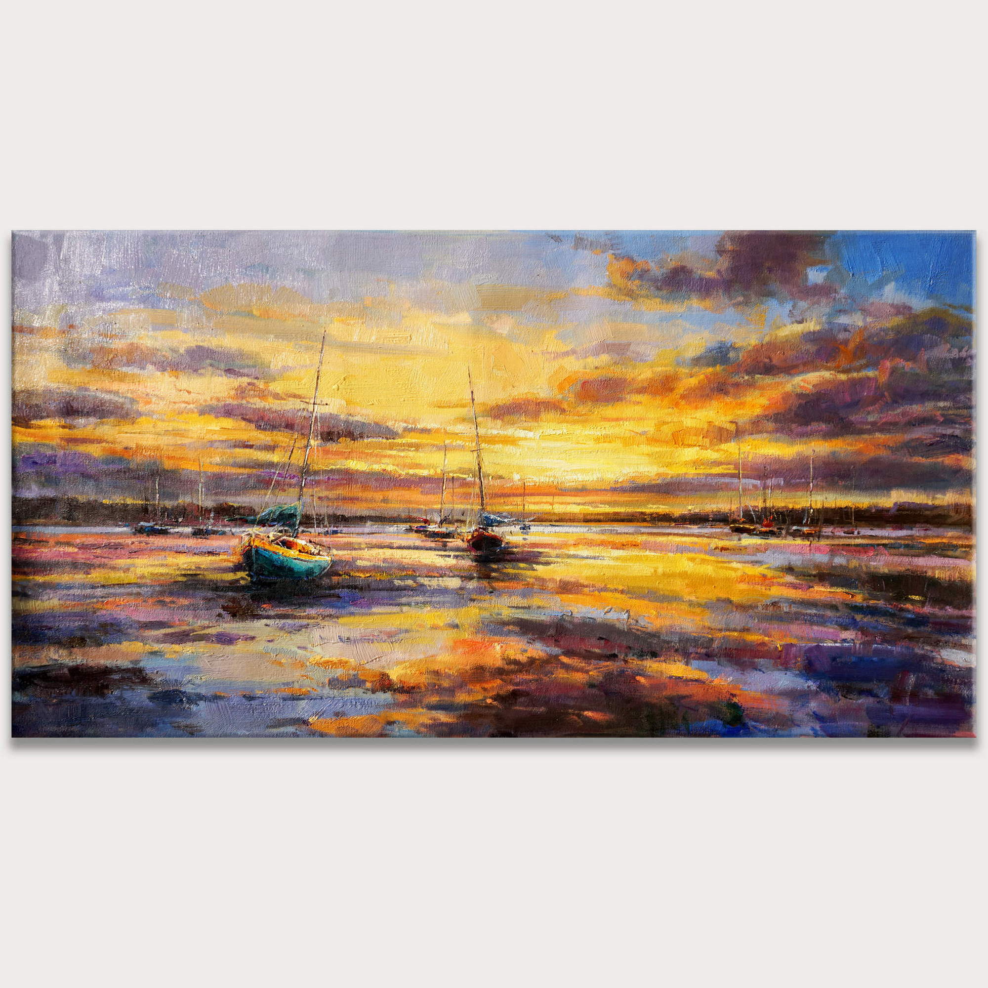 Dipinto a mano Marina al tramonto Barche a vela 60x120cm