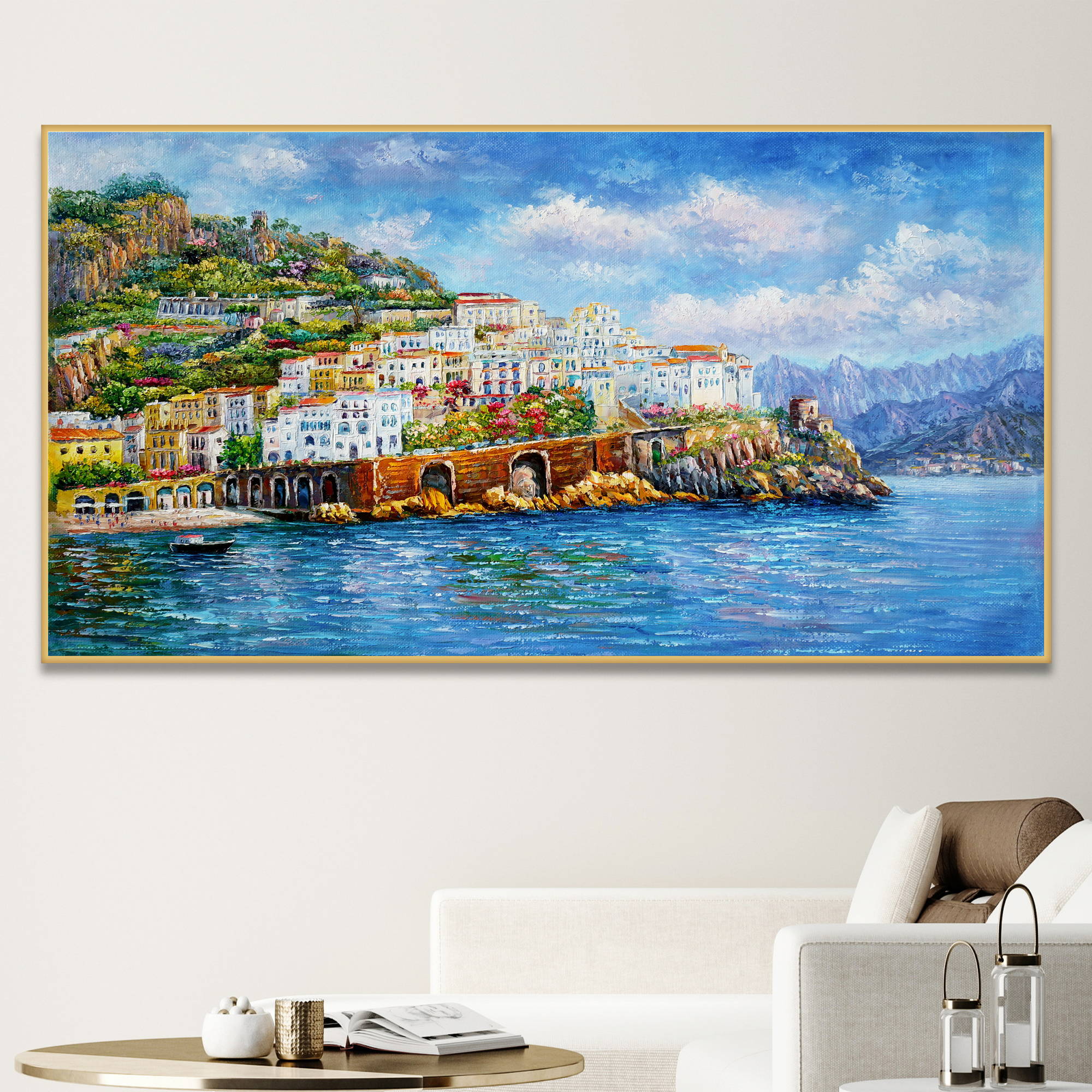 Dipinto della costiera amalfitana con gli edifici colorati di Amalfi