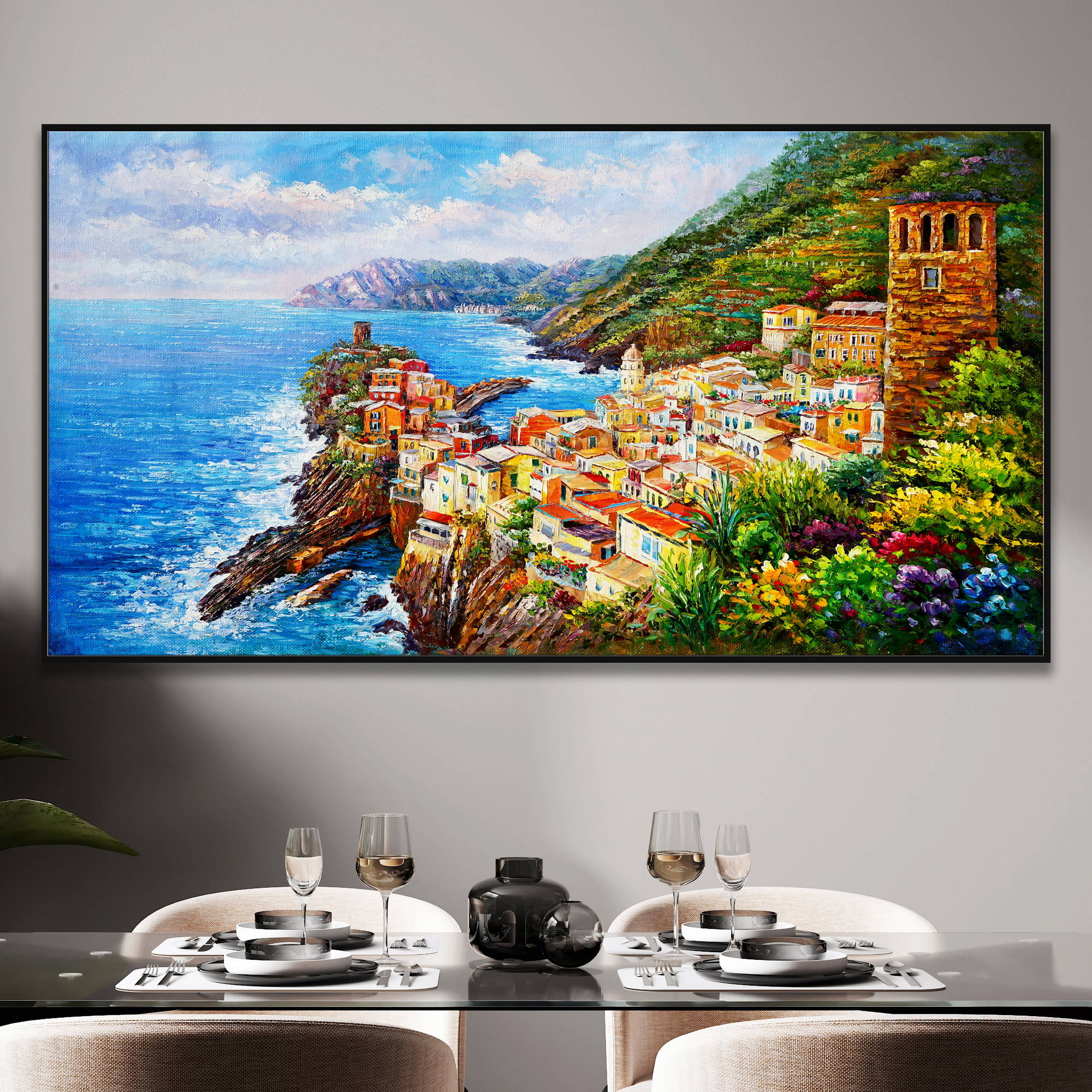 Dipinto di Vernazza nelle Cinque Terre con mare azzurro e vegetazione.
