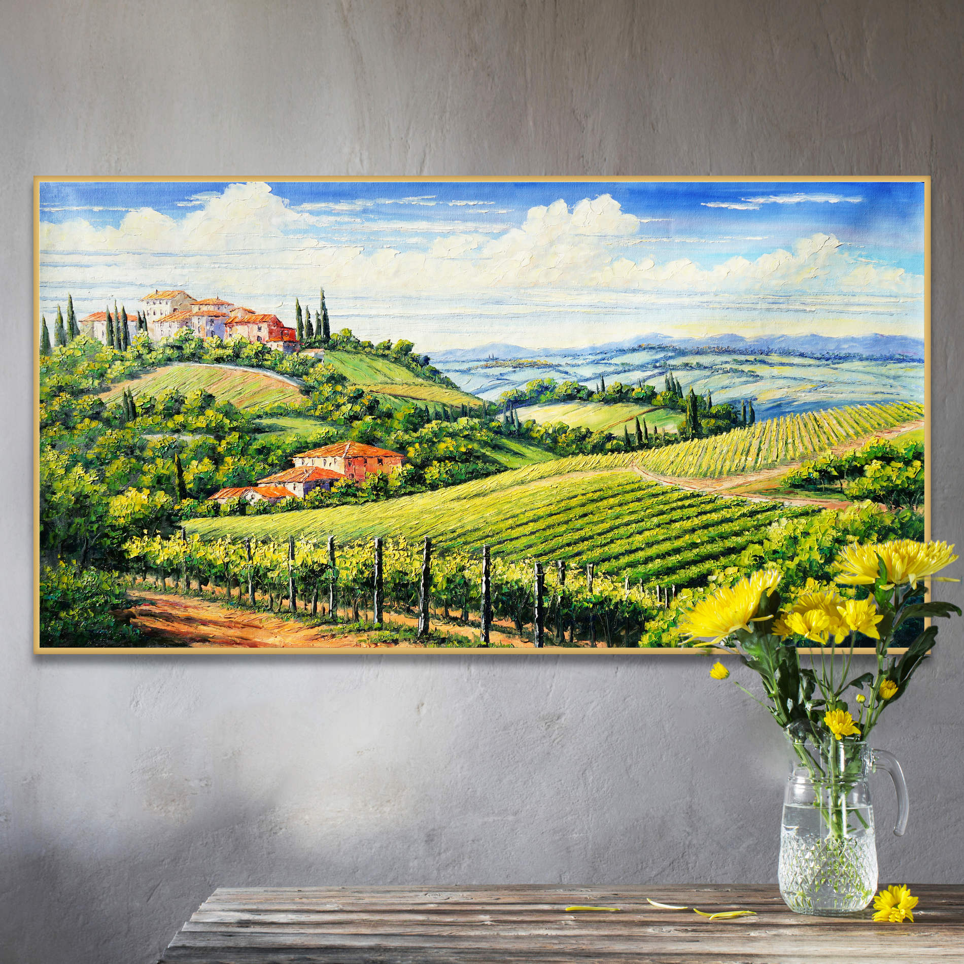 Dipinto di un paesaggio collinare toscano con vigneti e un borgo sullo sfondo.