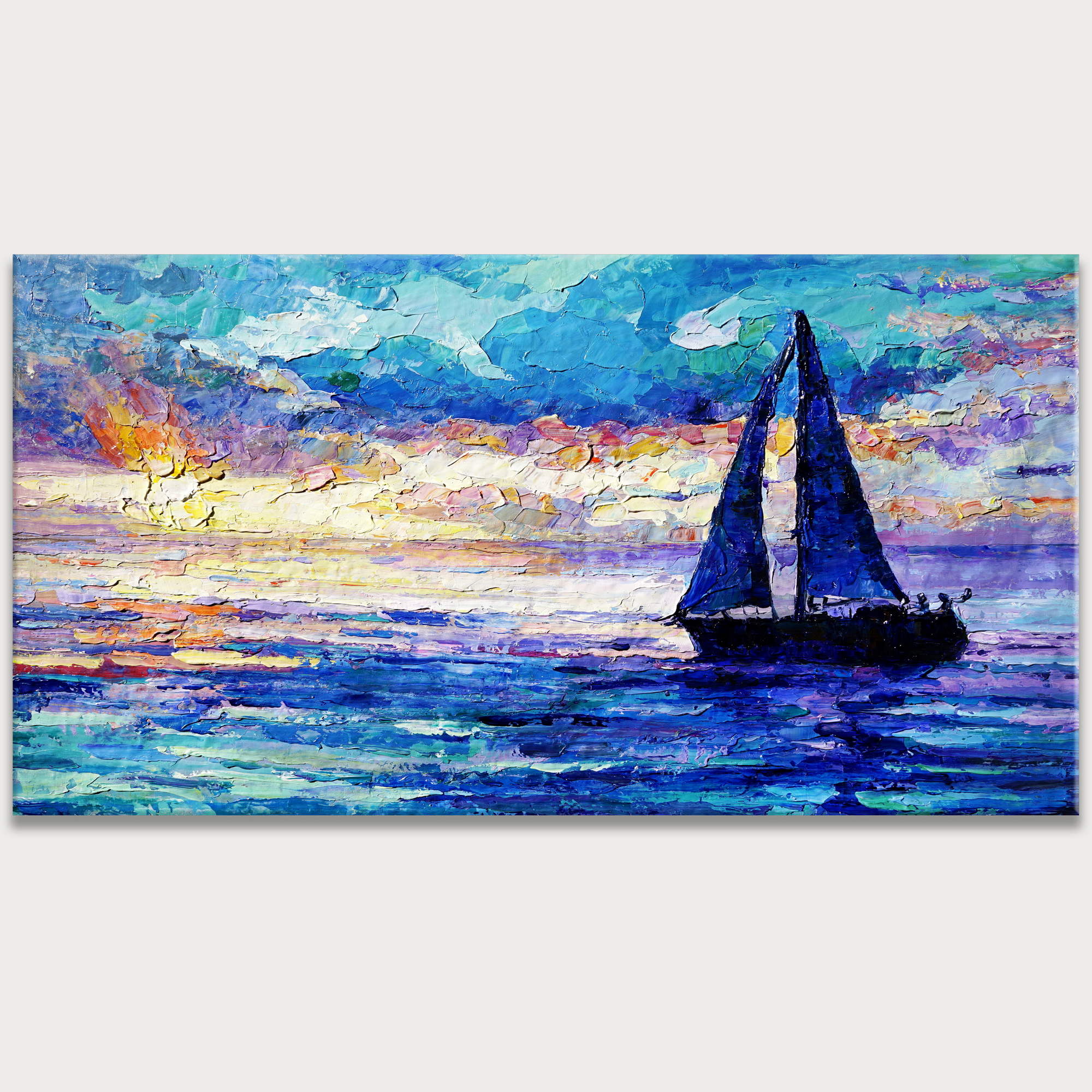 Dipinto a mano Barca vela al tramonto 60x120cm