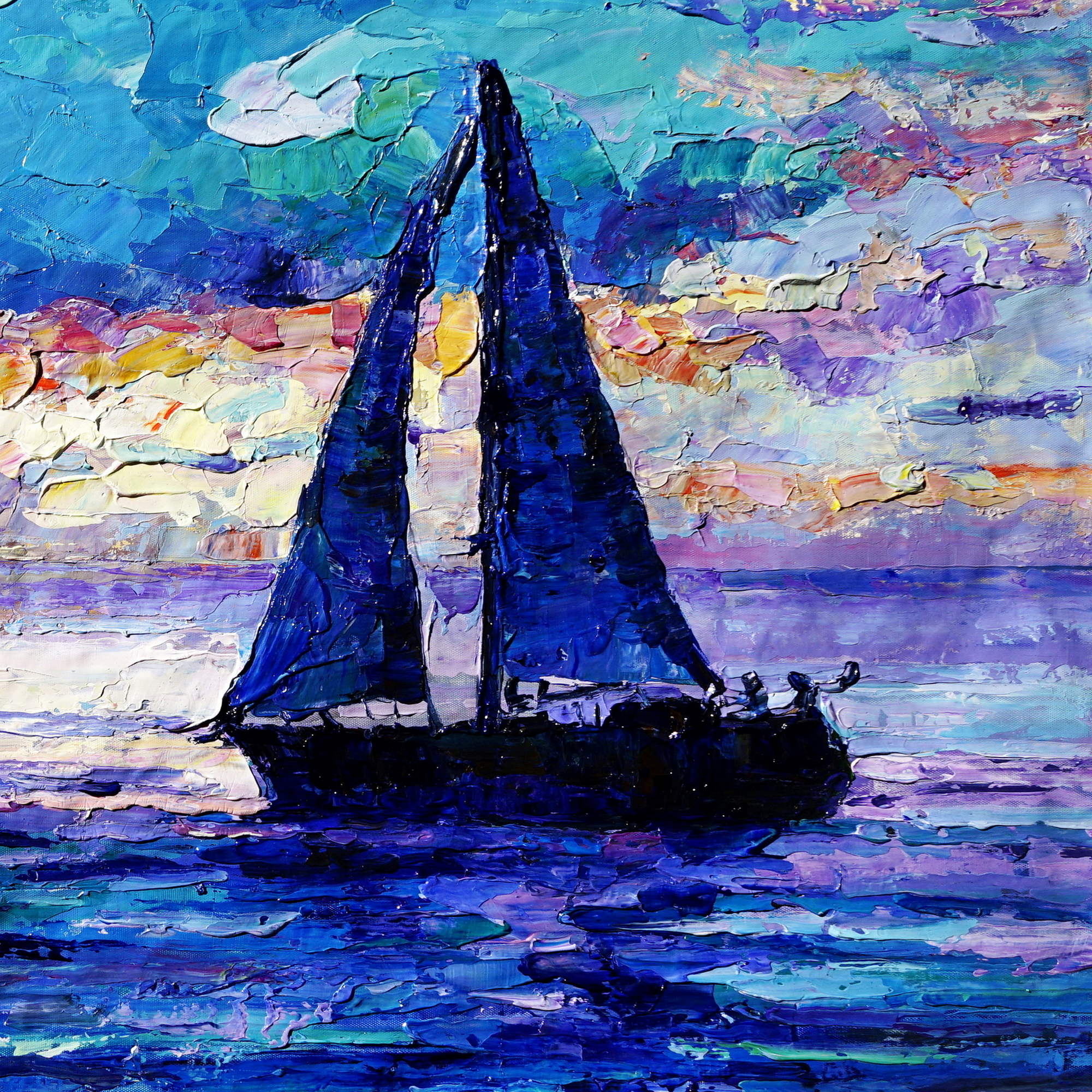 Dipinto a mano Barca vela al tramonto 60x120cm