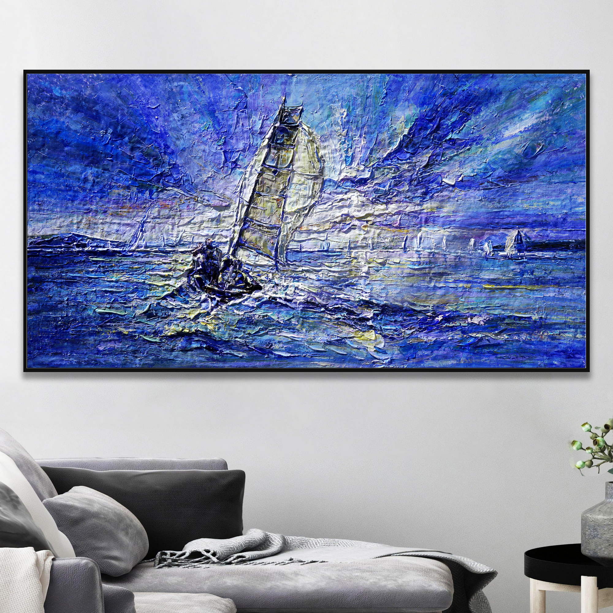 Dipinto di una scena marina con barca a vela e cielo tormentato.