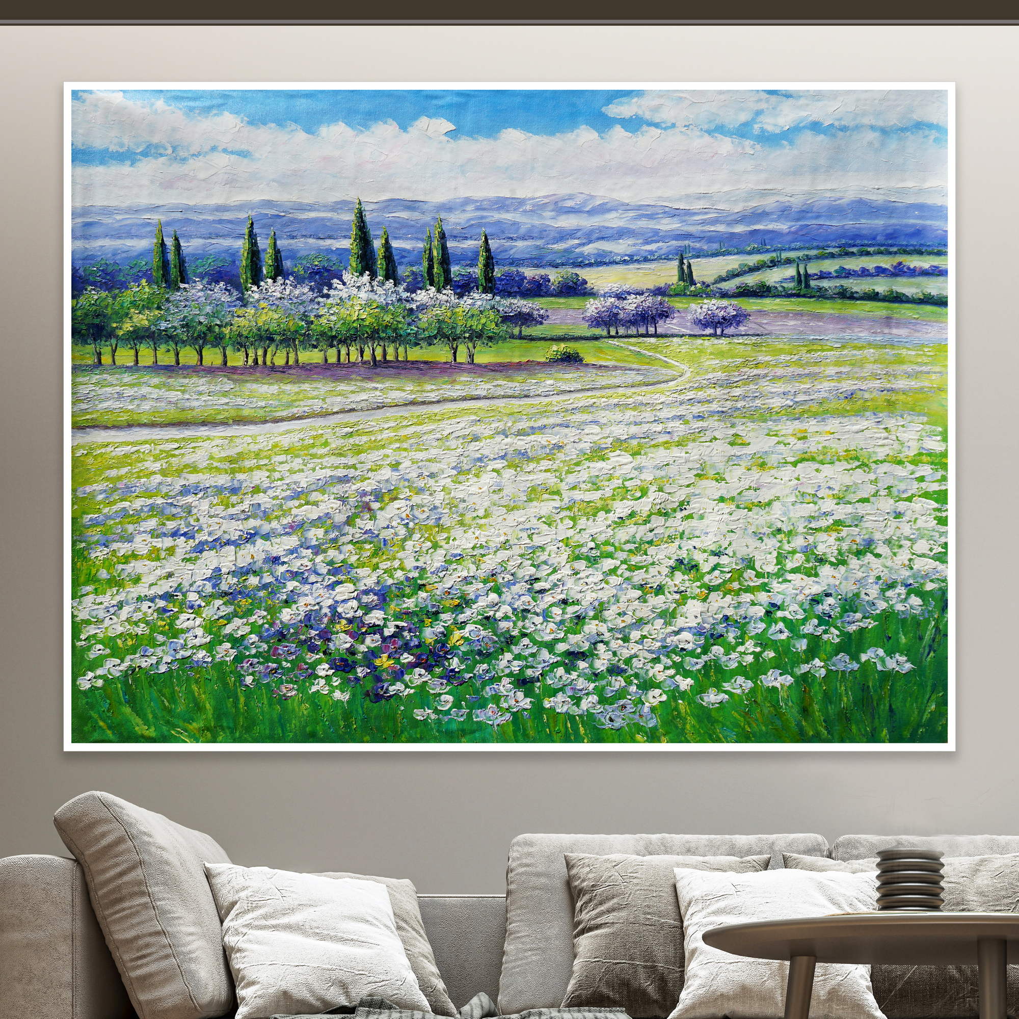 Dipinto di paesaggio della Toscana con alberi e campi di fiori
