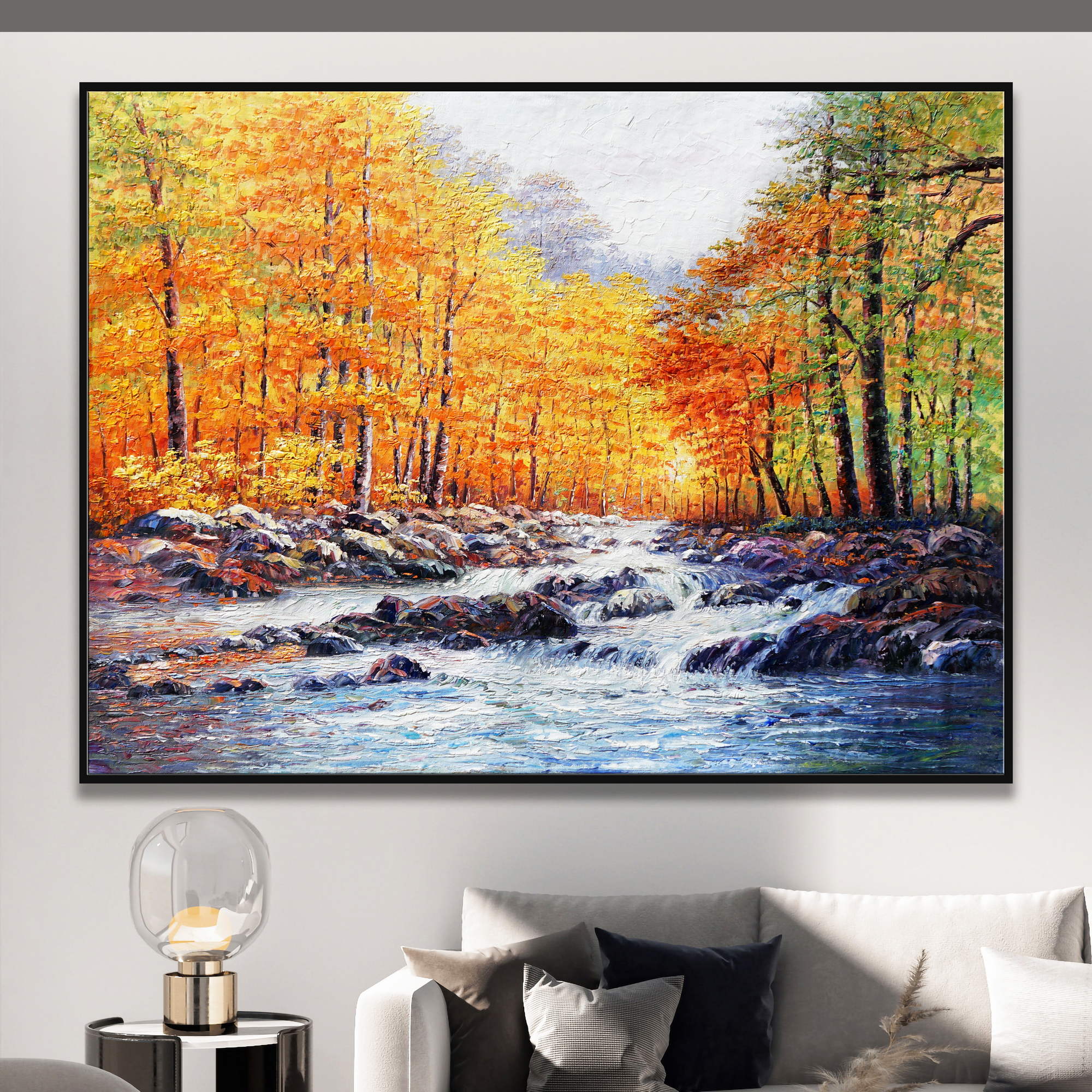 Dipinto di un paesaggio autunnale con fiume, alberi colorati e rocce.