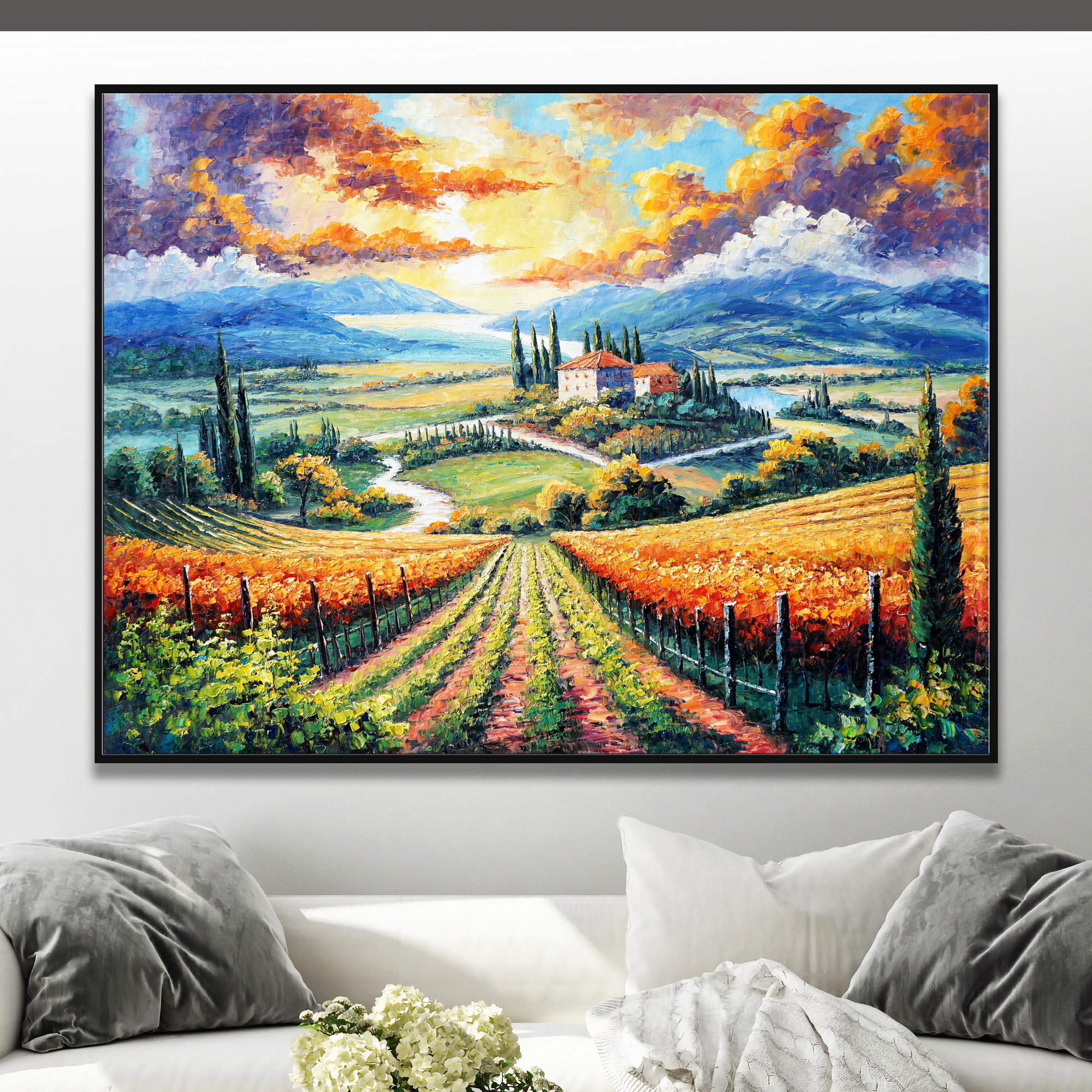 Dipinto di paesaggio collinare con casa e vigne