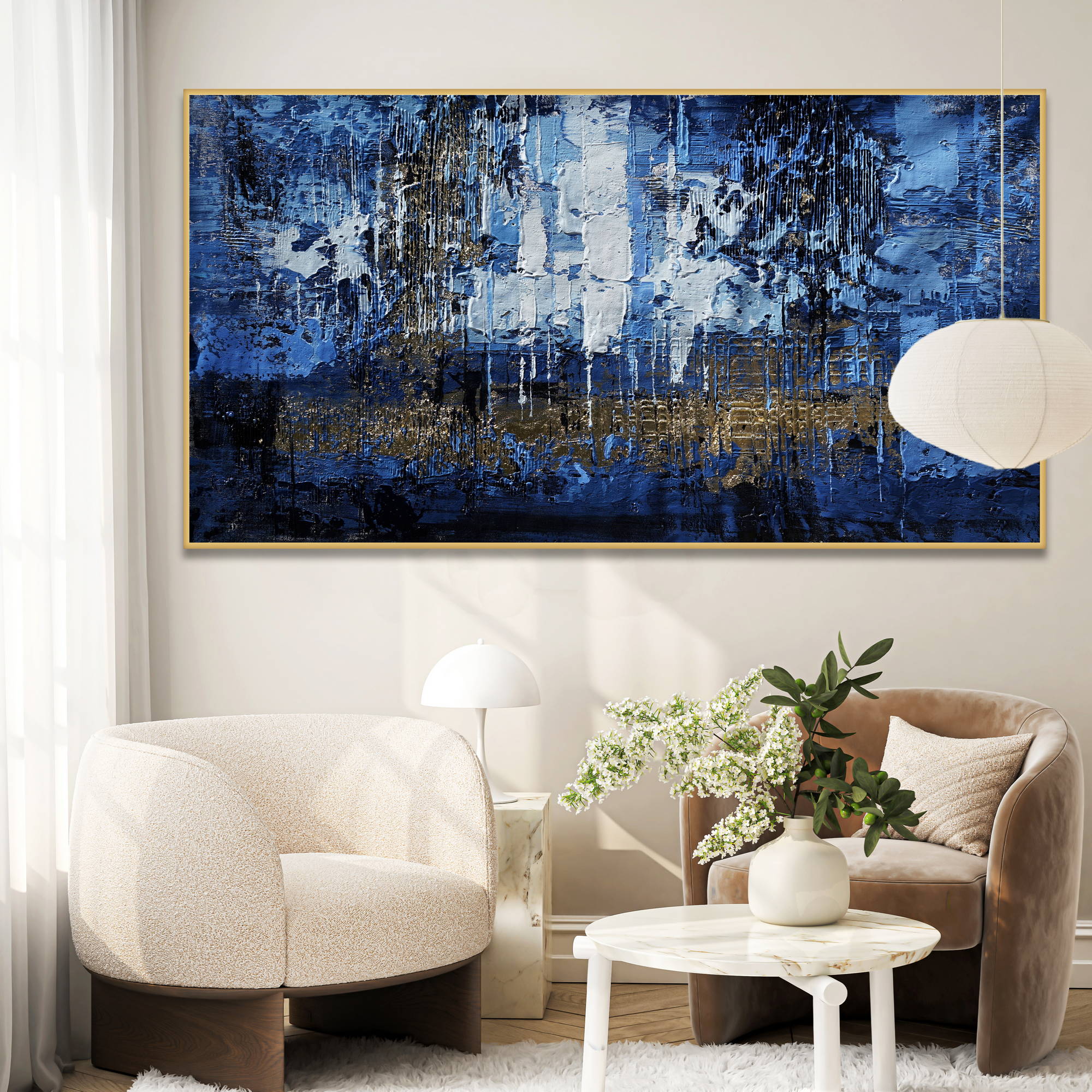 Hand painted Abstract Blue and Gold 75x150cm