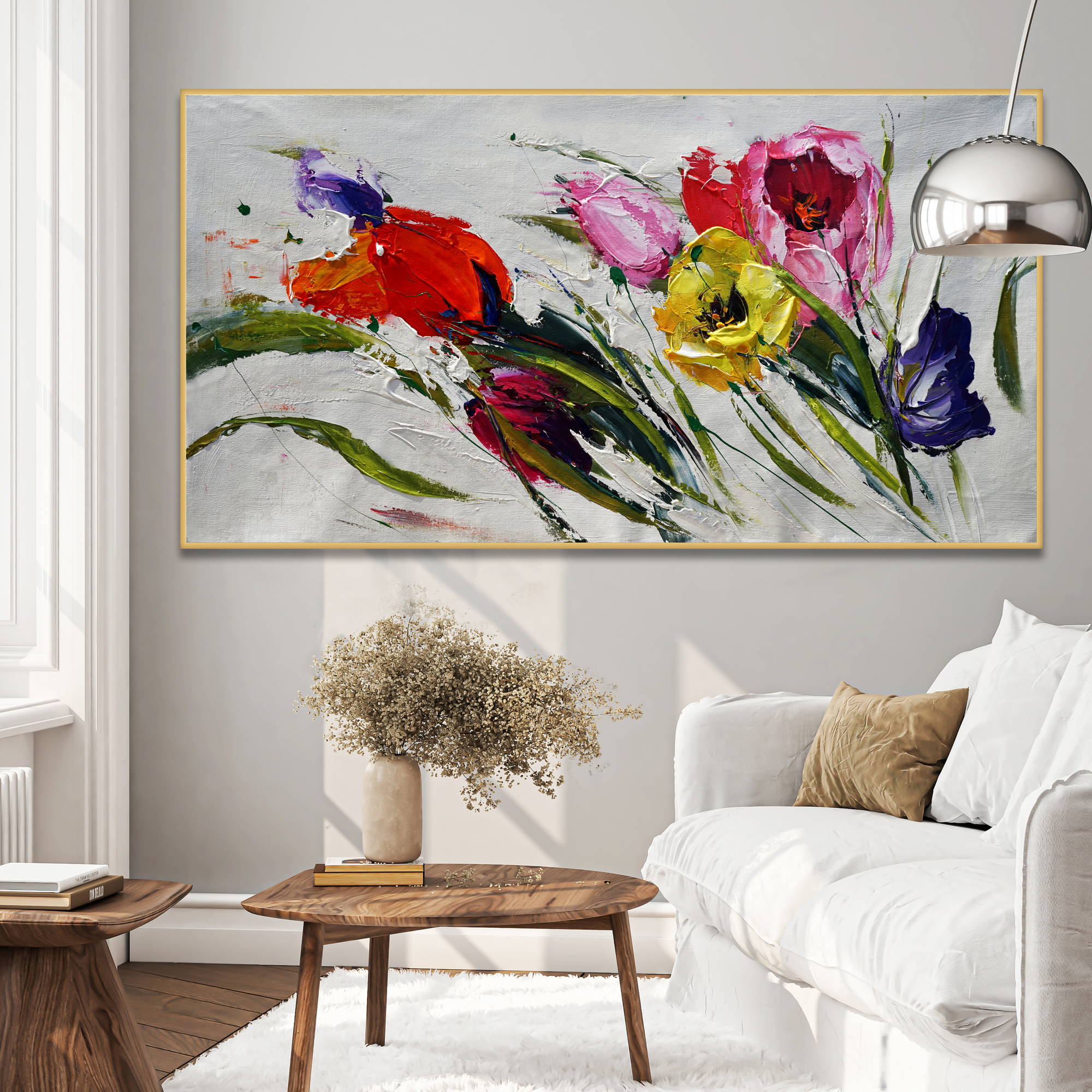 Dipinto astratto con un mazzo di tulipani dai colori vivaci