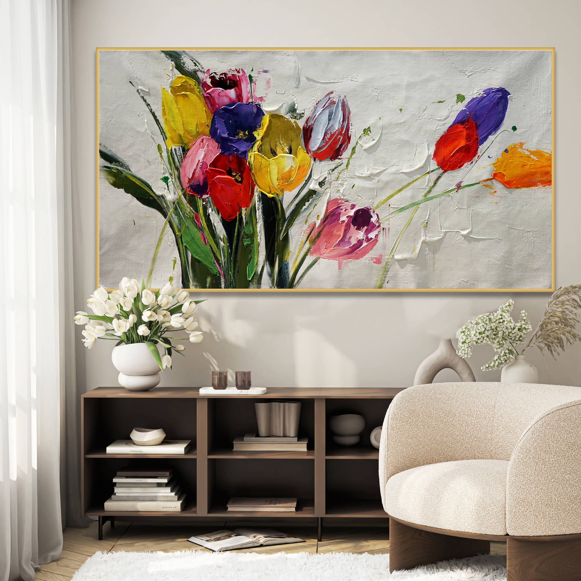 Dipinto astratto di tulipani con vibranti tocchi di spatola