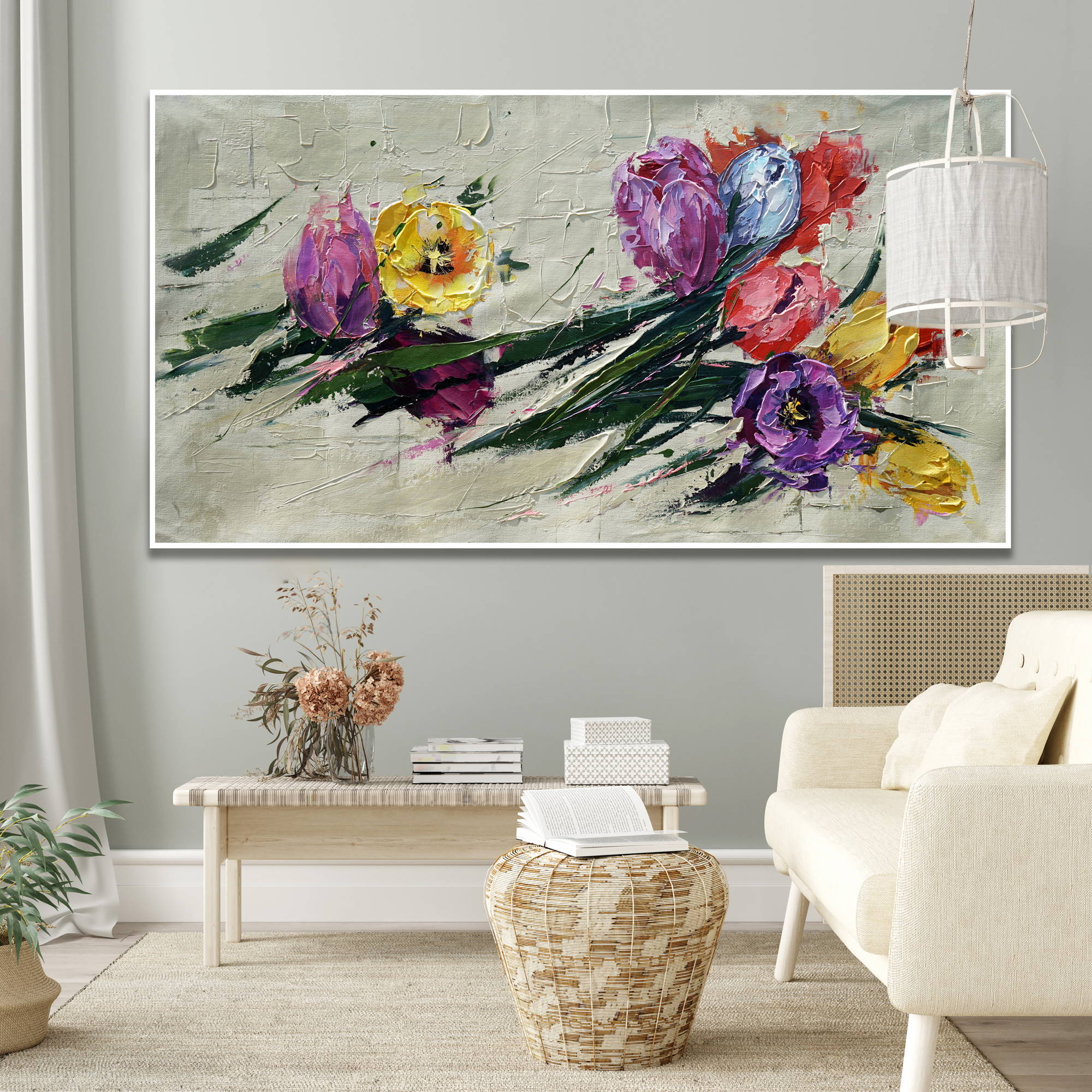 Dipinto a mano Composizione Tulipani Astratti 75x150cm