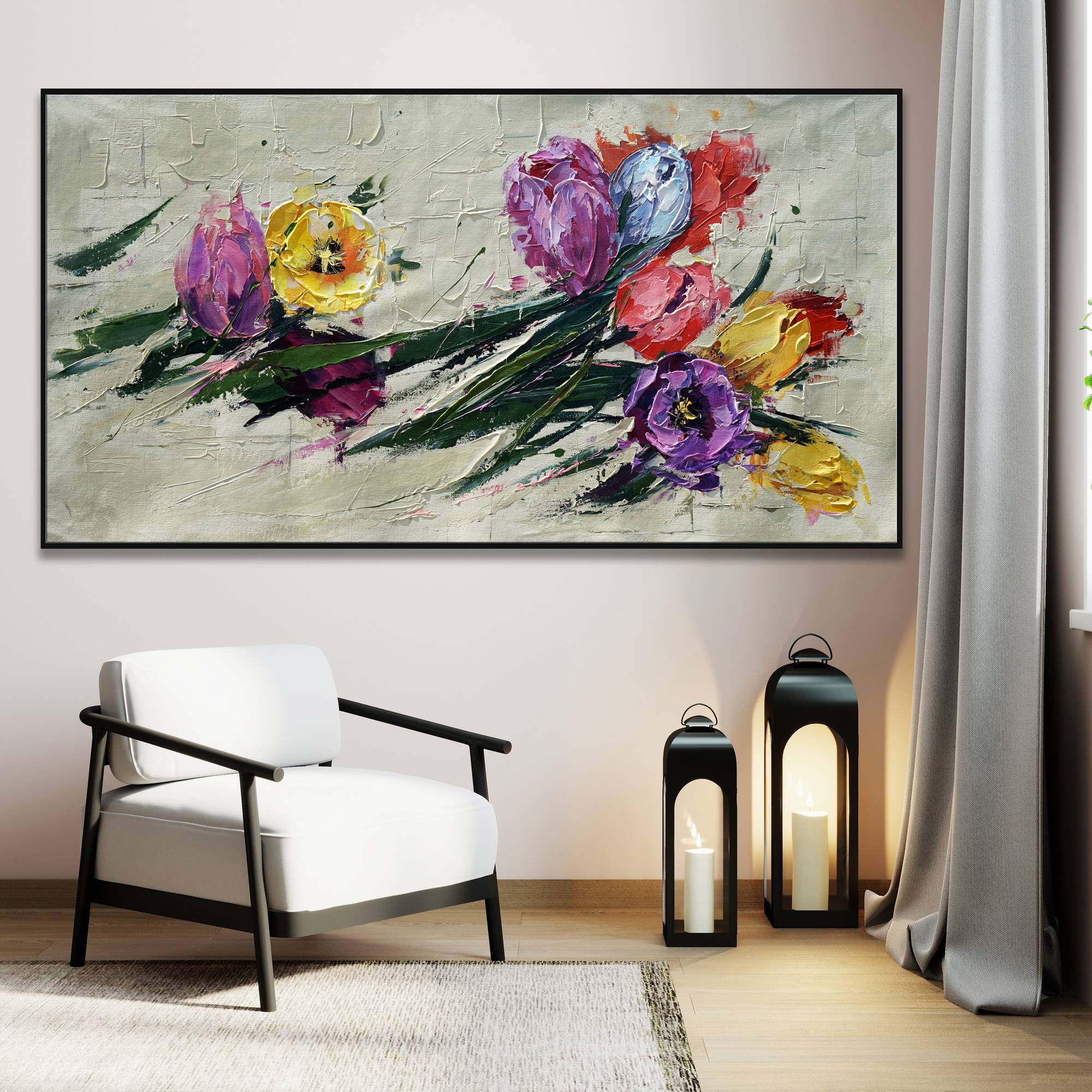 Hand painted Abstract Tulips Composition 75x150cm
