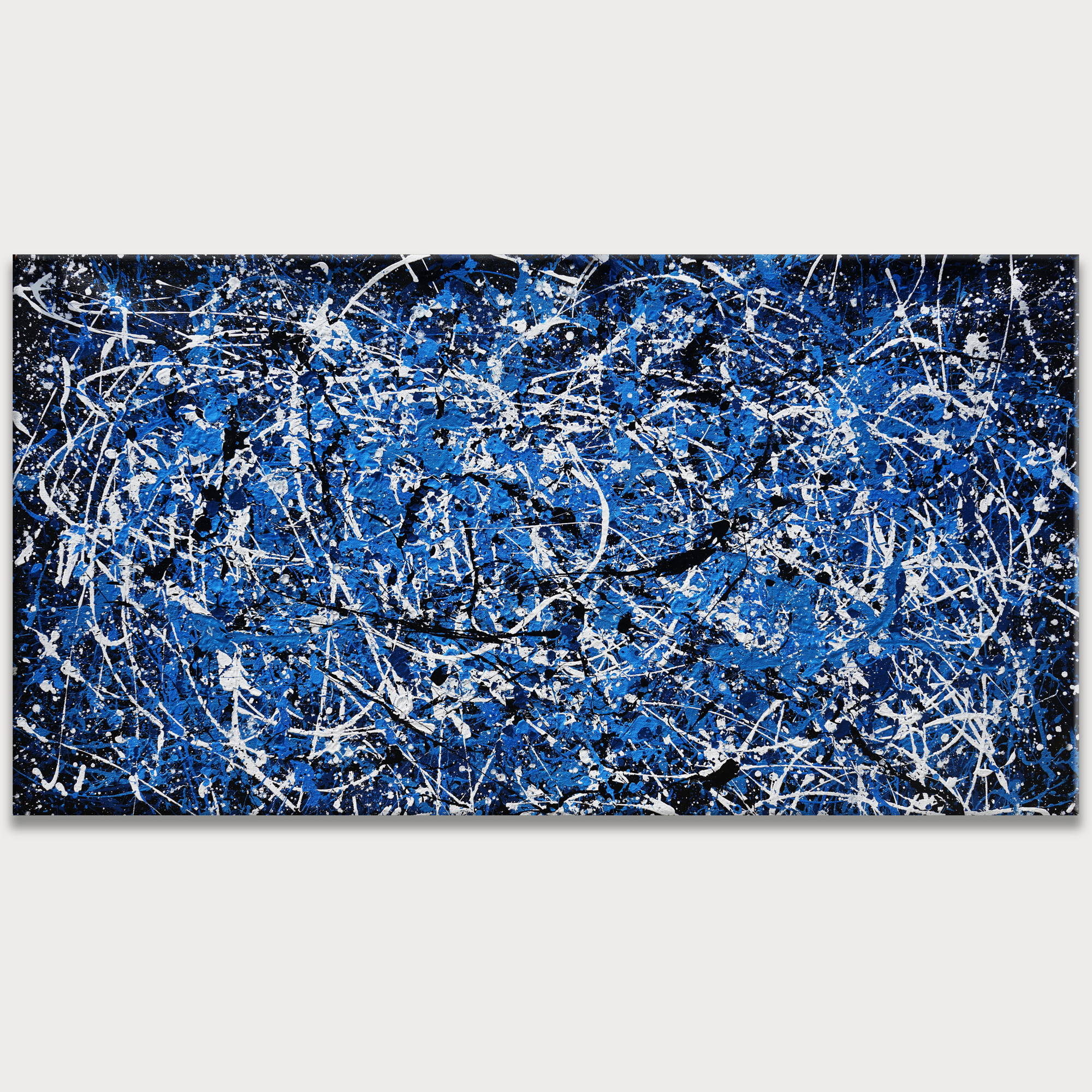 Dipinto a mano Astratto Blu e Bianco Stile Pollock 75x150cm