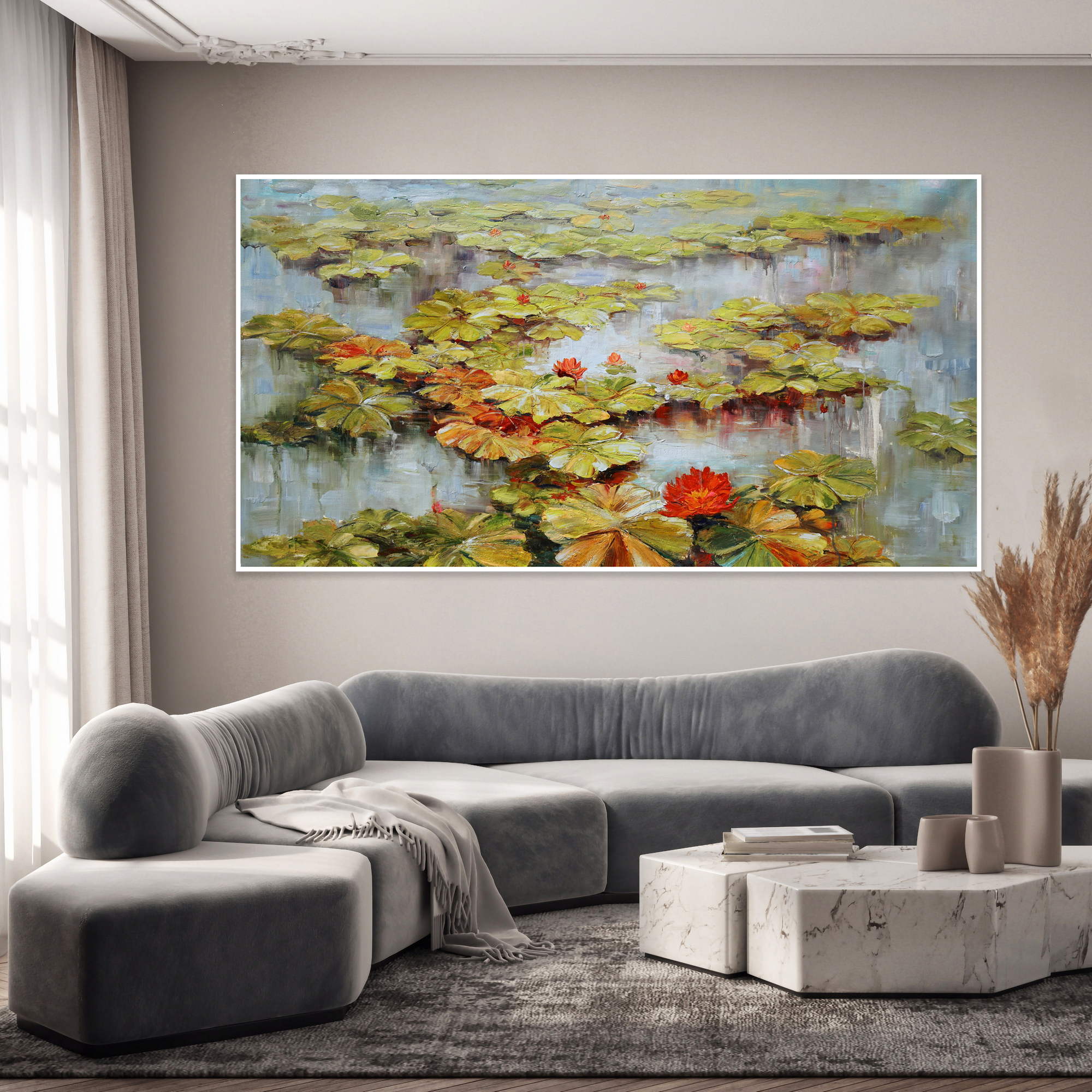 Hand painted Water Lilies on a Mirror of Water 90x180cm