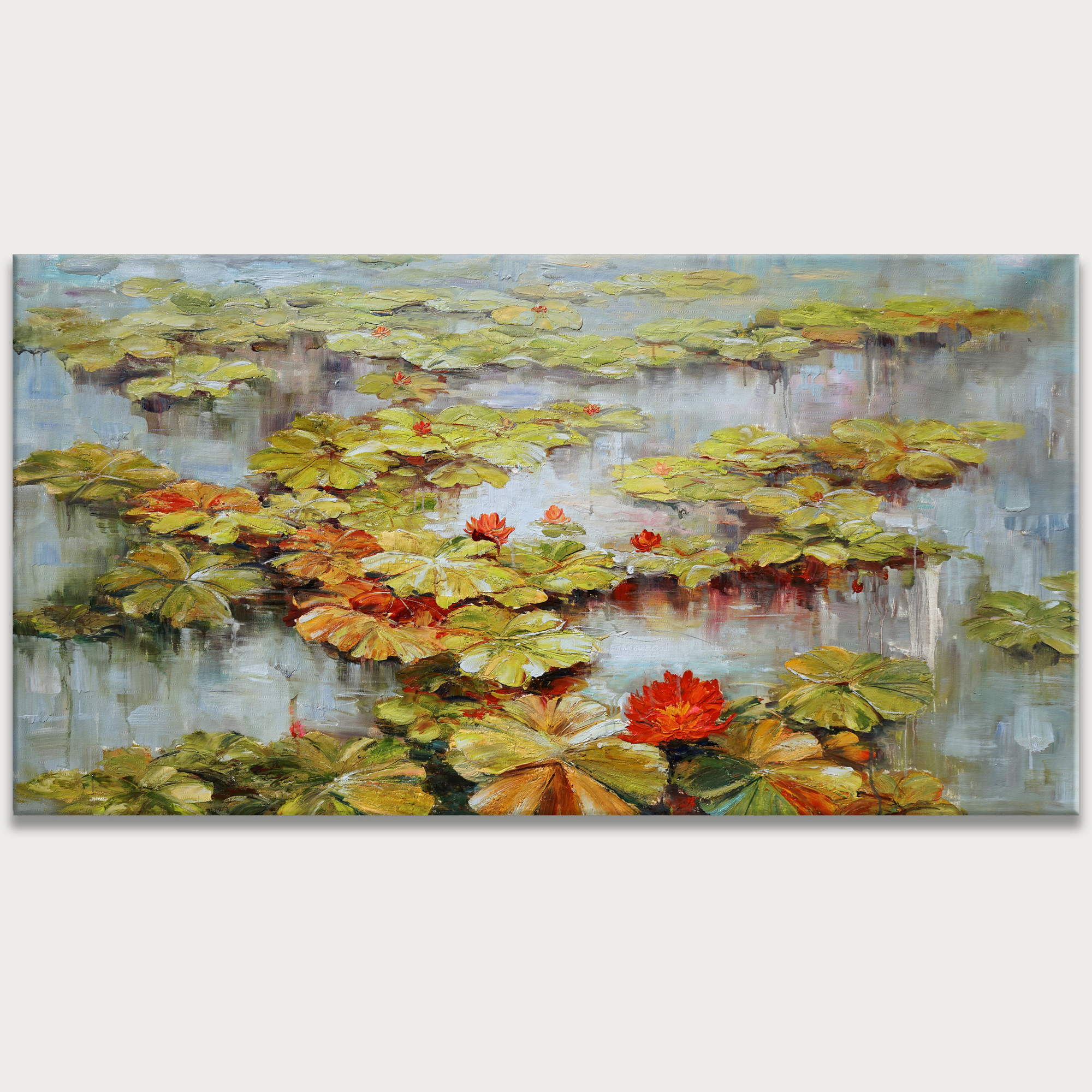 Hand painted Water Lilies on a Mirror of Water 90x180cm