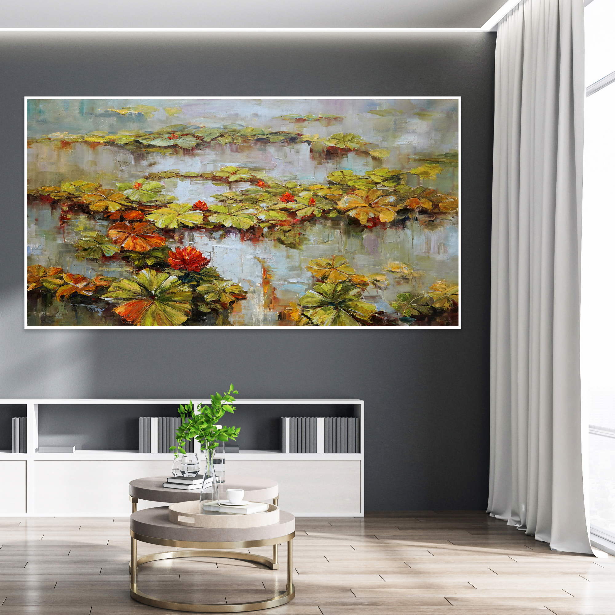 Hand painted Nature Lake Water Lilies in Bloom 90x180cm