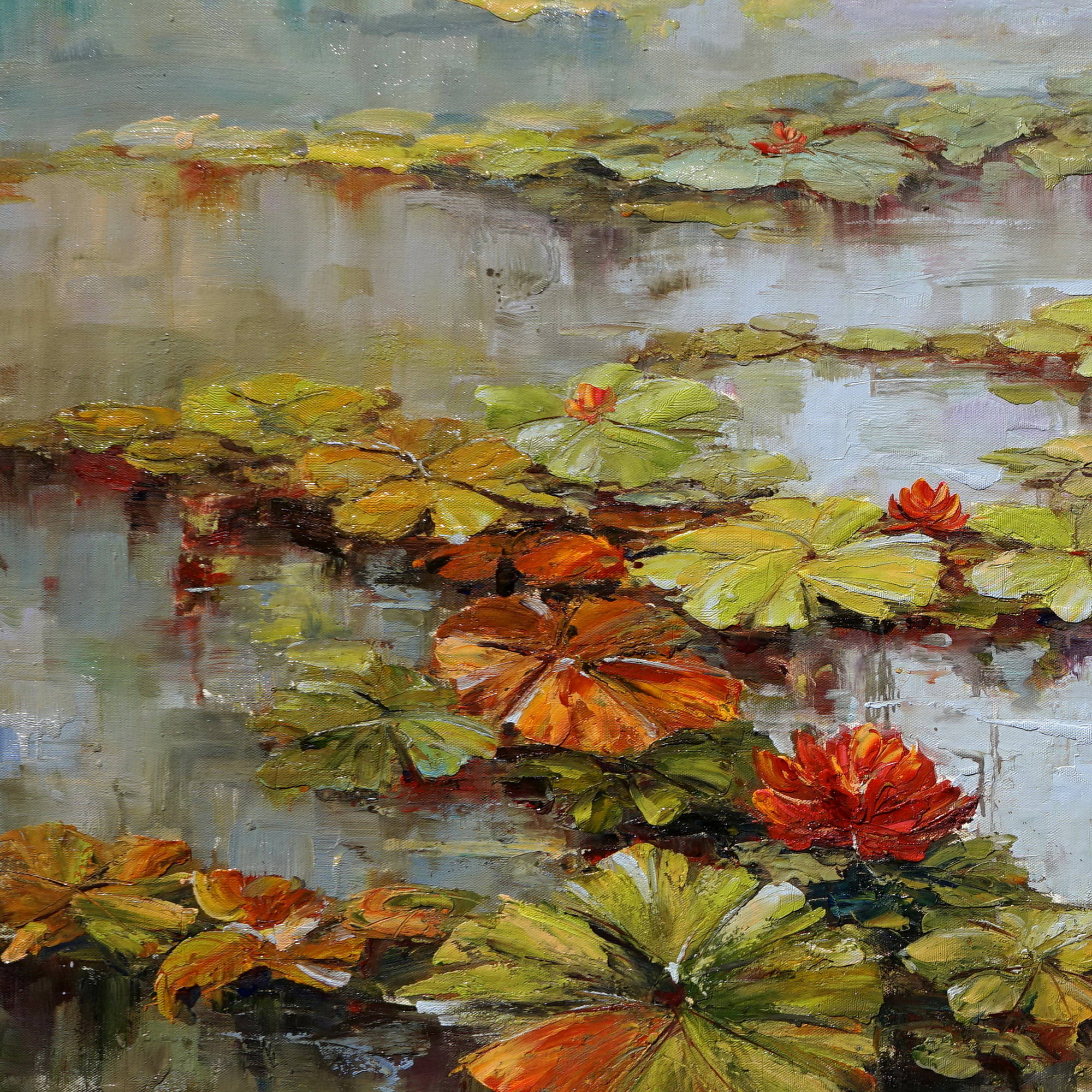 Dipinto a mano Natura Lago Ninfee in Fiore 90x180cm
