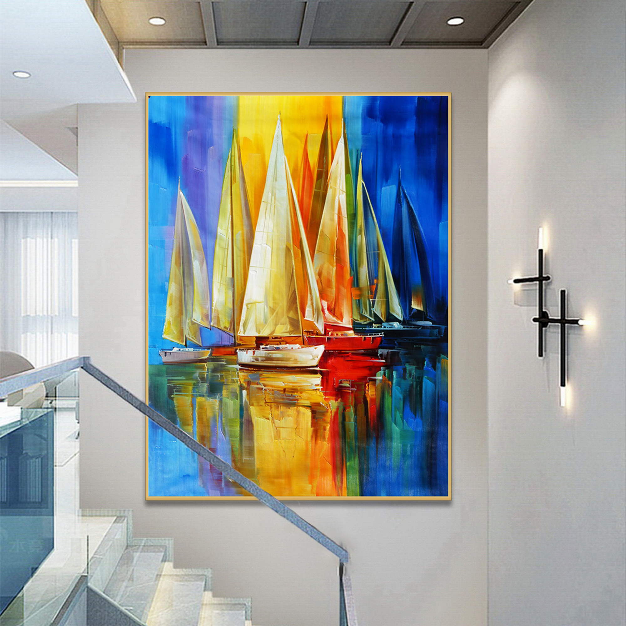 Hand painted Abstract Sailboats Bright colors 150x200cm