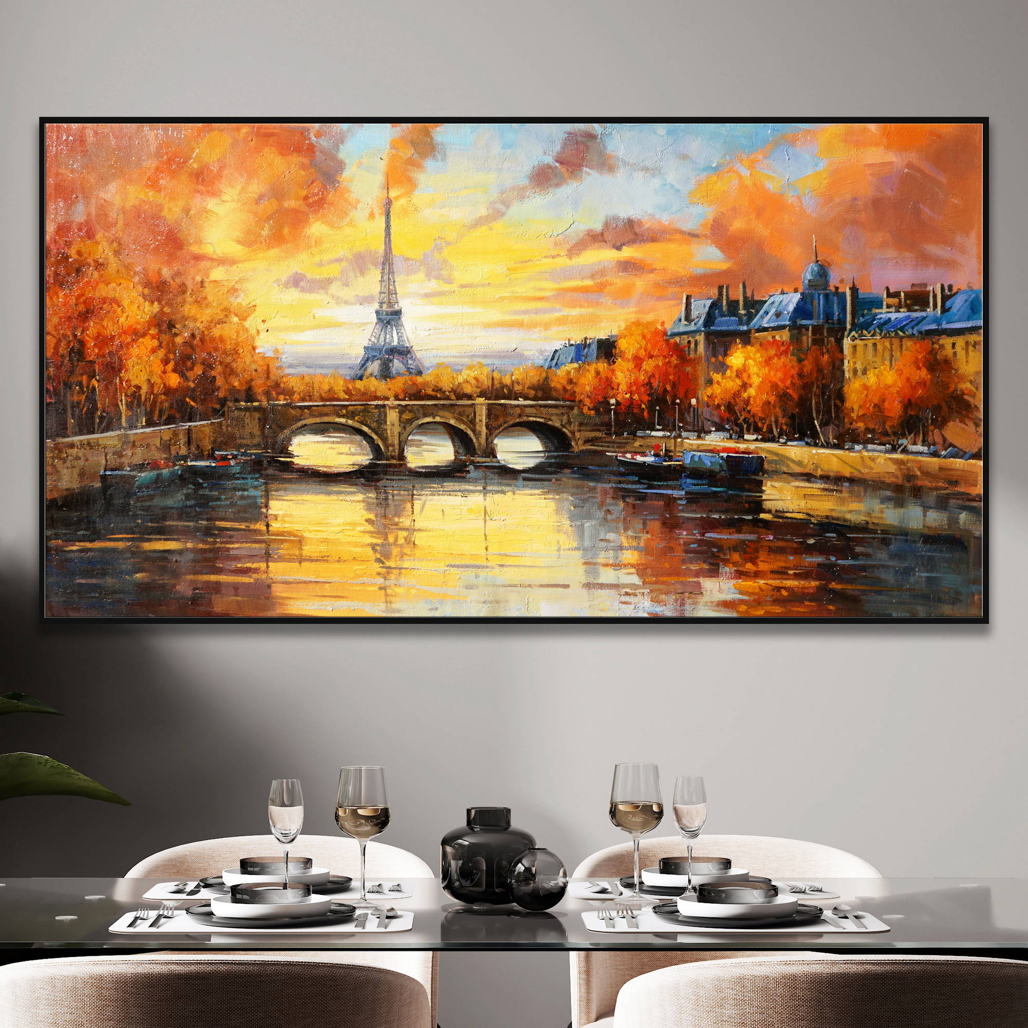Dipinto della Tour Eiffel e della Senna in un autunno parigino con cielo infuocato
