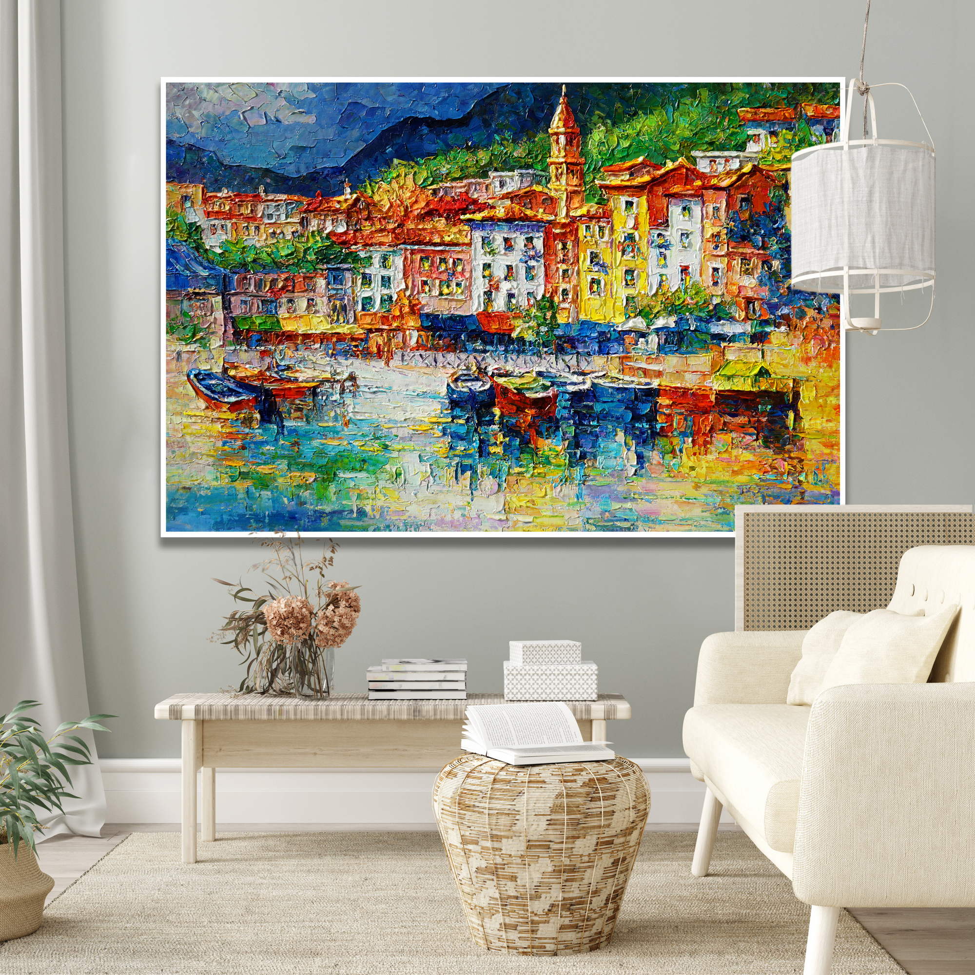 Quadro materico del caratteristico borgo di Portofino con le sue  case colorate
