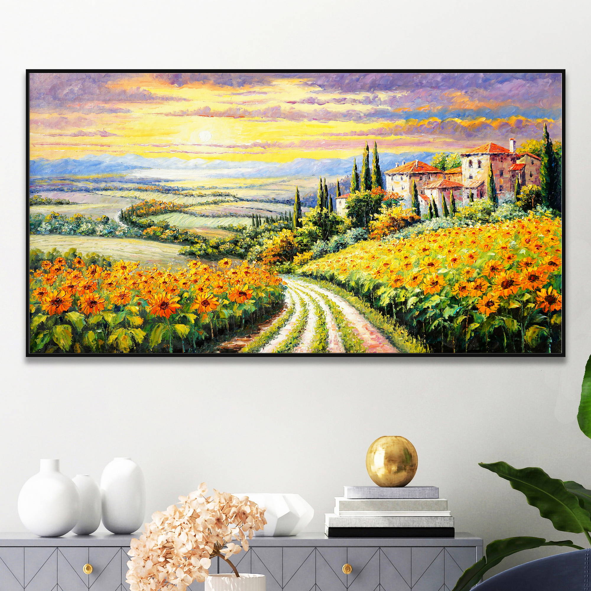 Dipinto impressionista con campo di girasoli e casale al tramonto