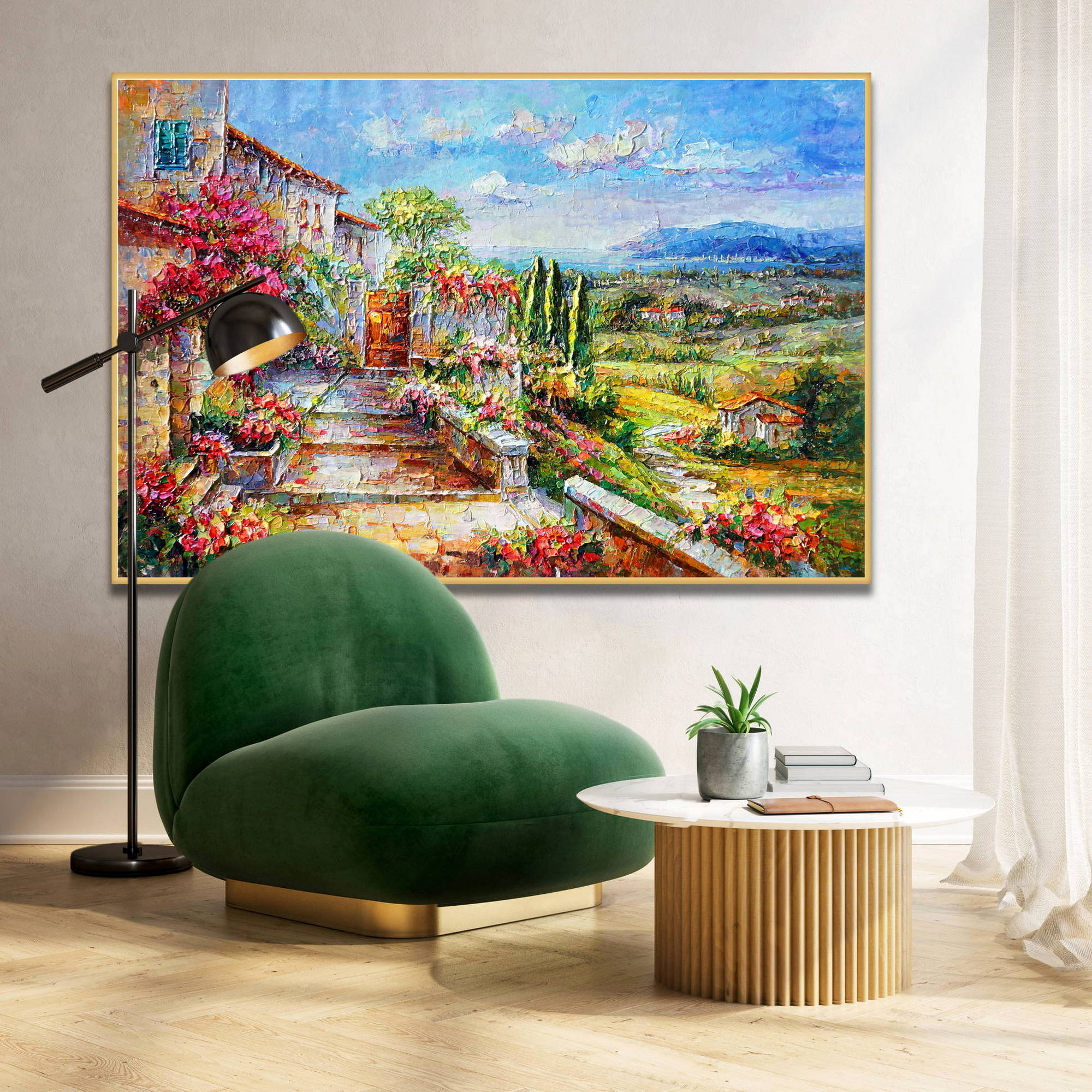 Dipinto paesaggio campagna toscana con scalinate e fiori