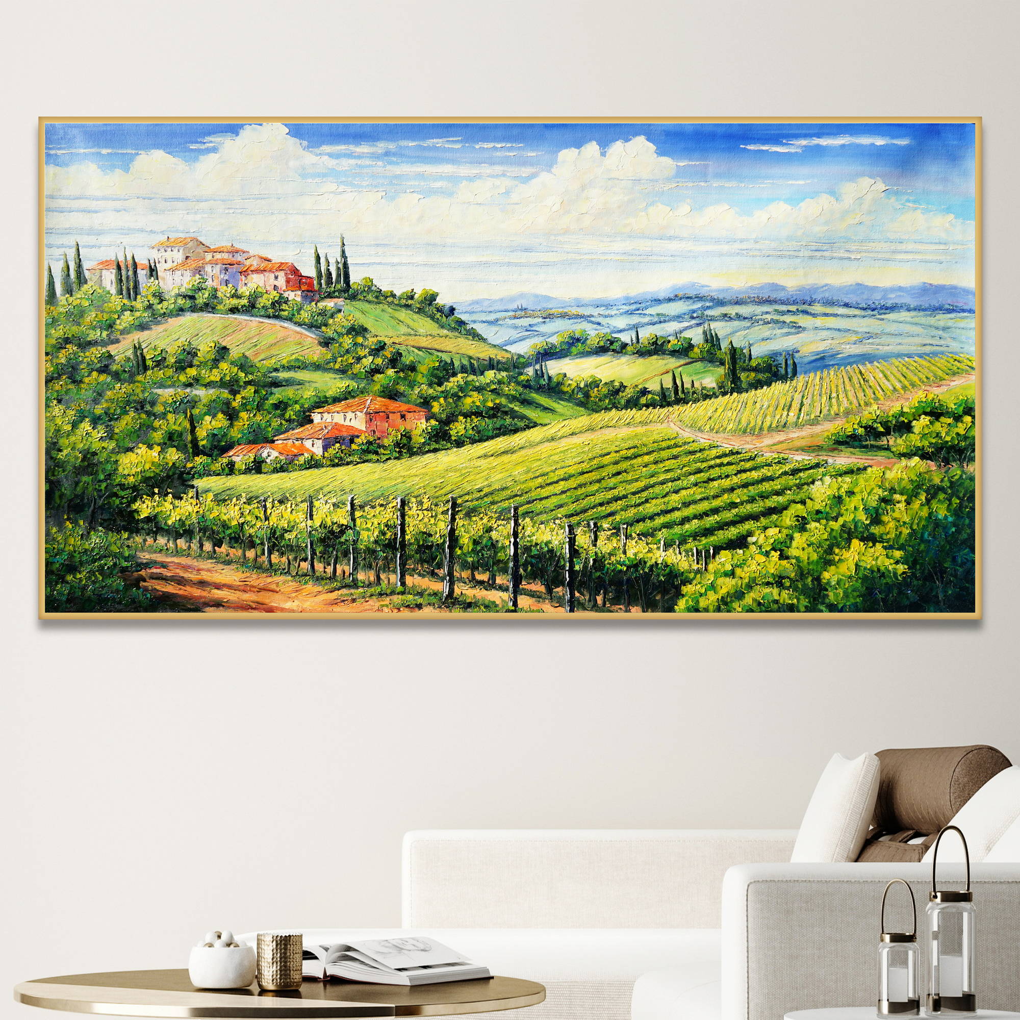 Dipinto di un paesaggio collinare toscano con vigneti e un borgo sullo sfondo.