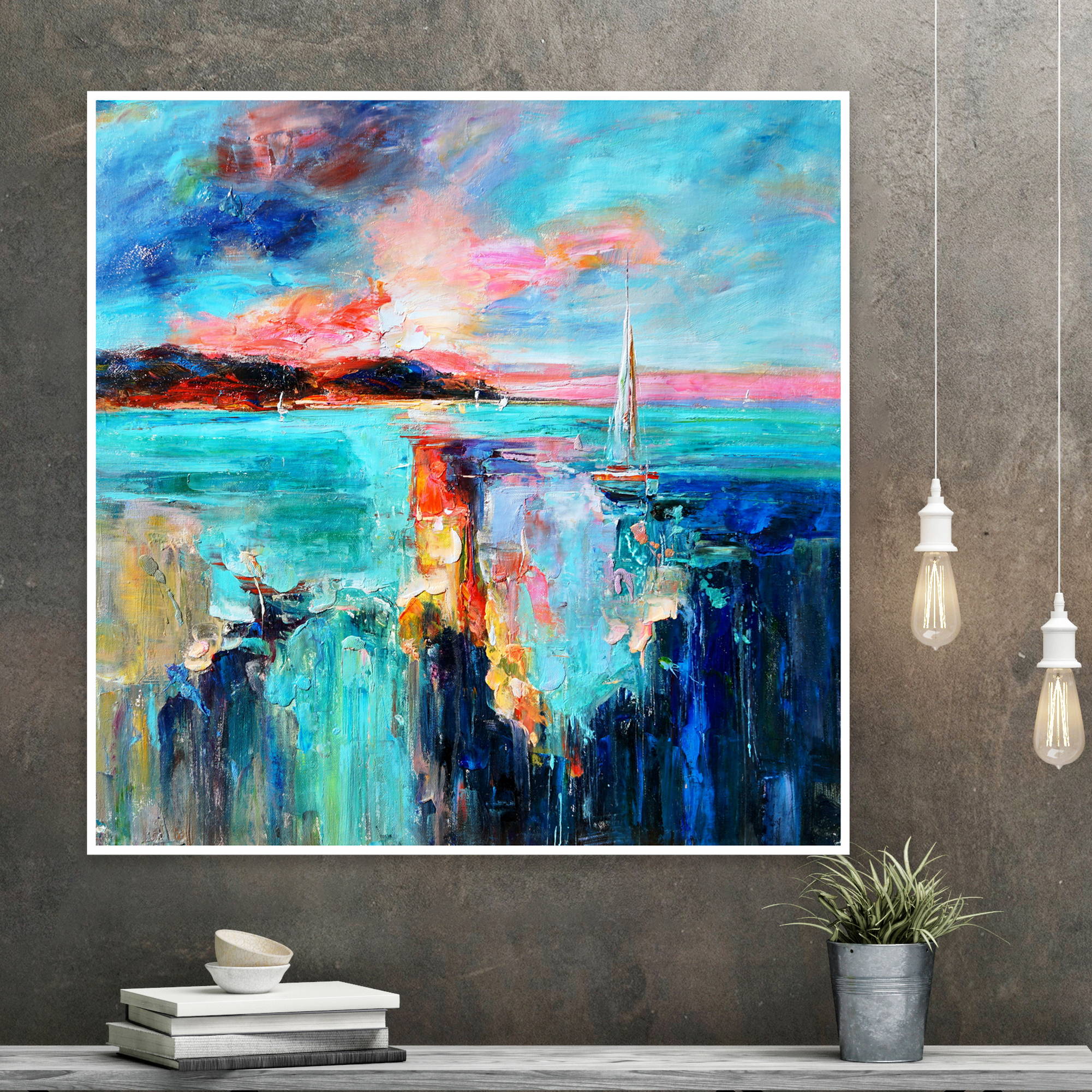 Abstract painting Marina at Sunset Bright colors 60x60cm
