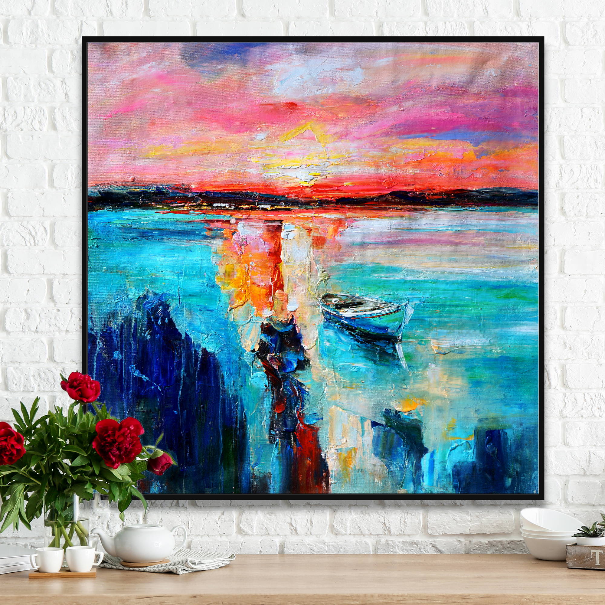 Quadro astratto raffigurante un tramonto con riflessi sull'acqua