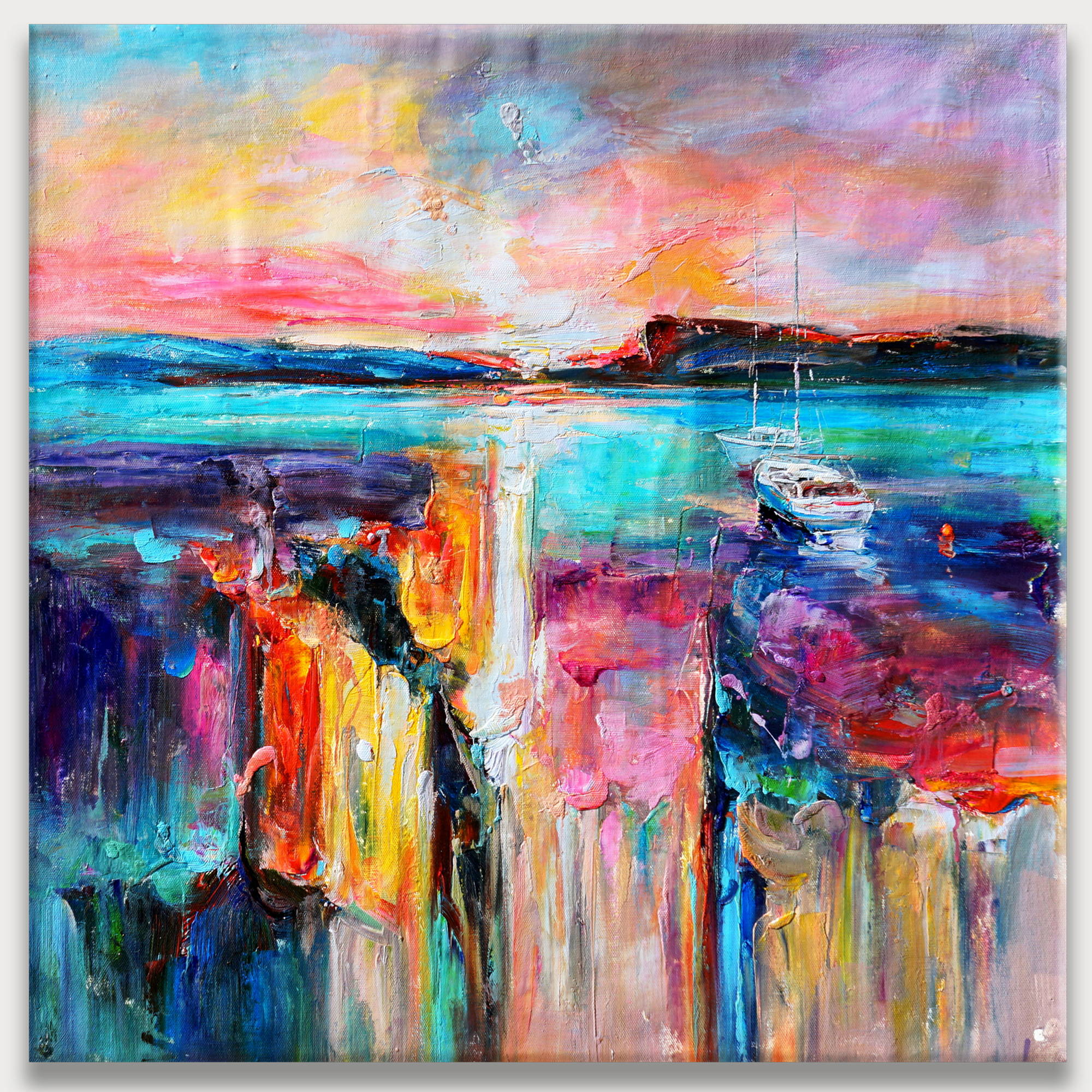 Abstract painting Sunset over a seaside village 60x60cm