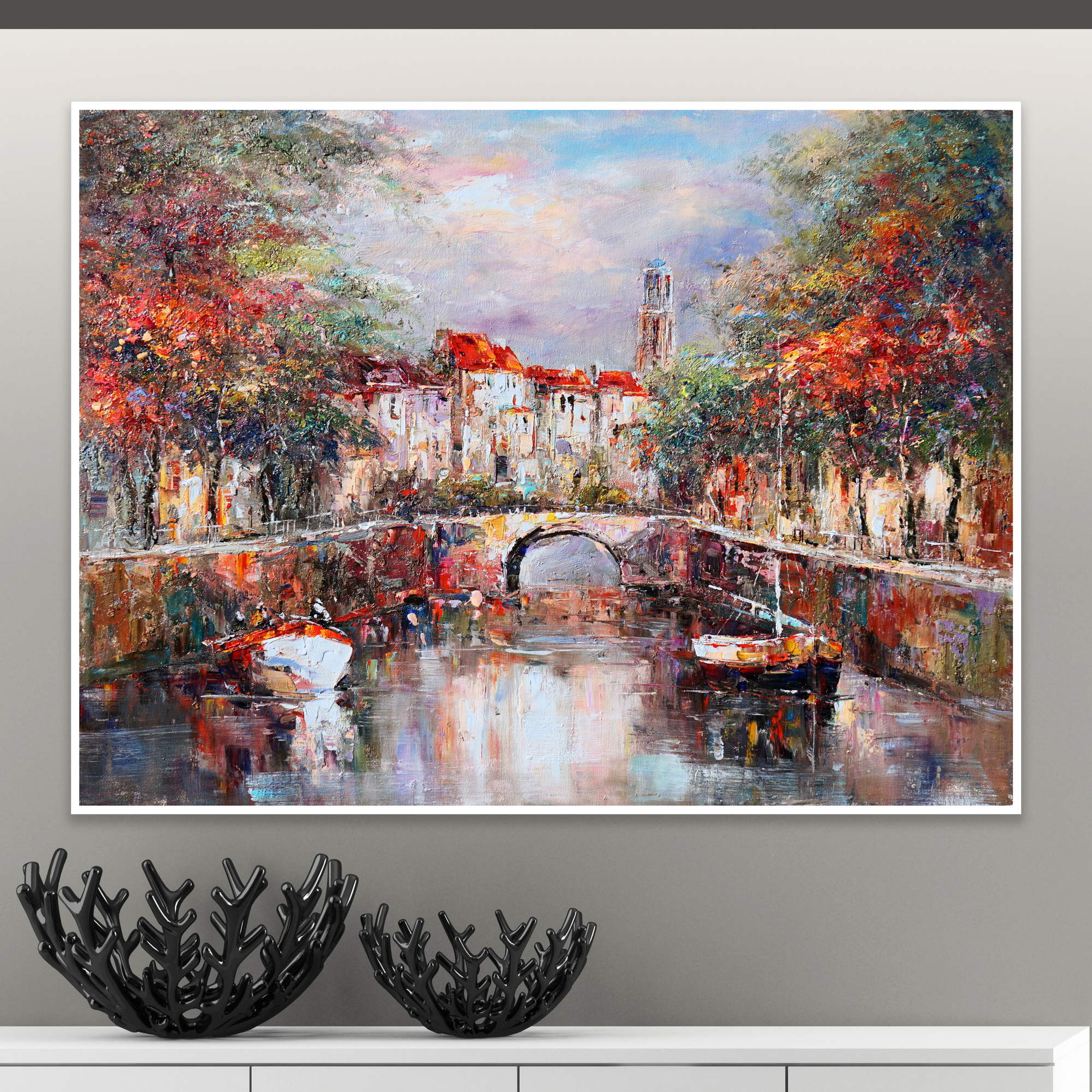 Hand painted Amsterdam Canal with boats 75x100cm