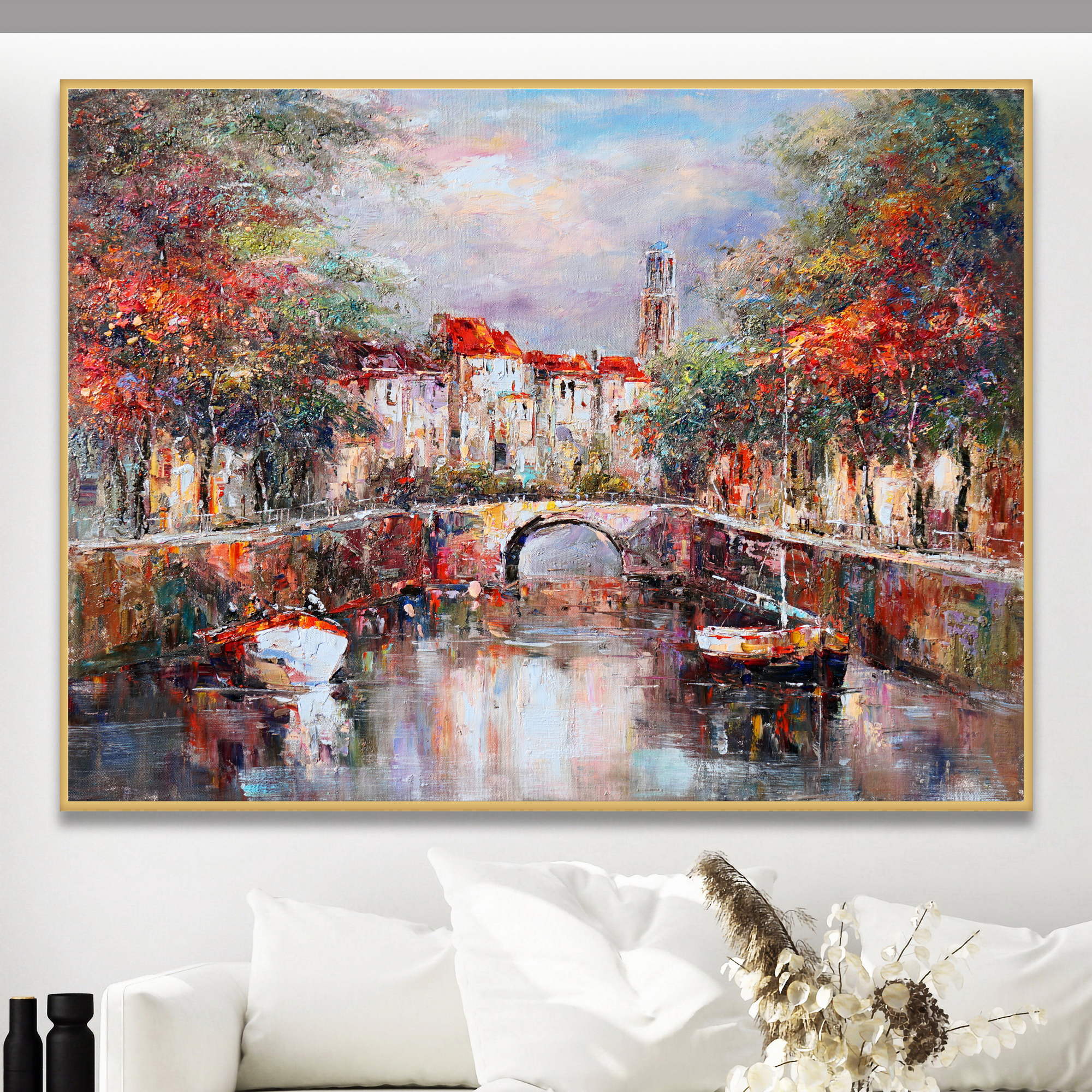 Hand painted Amsterdam Canal with boats 75x100cm