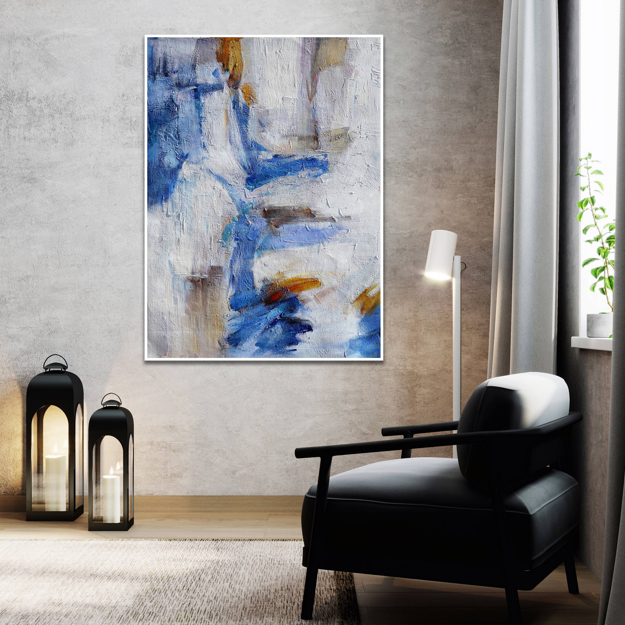 Hand painted Abstract White and Blue 80x120cm