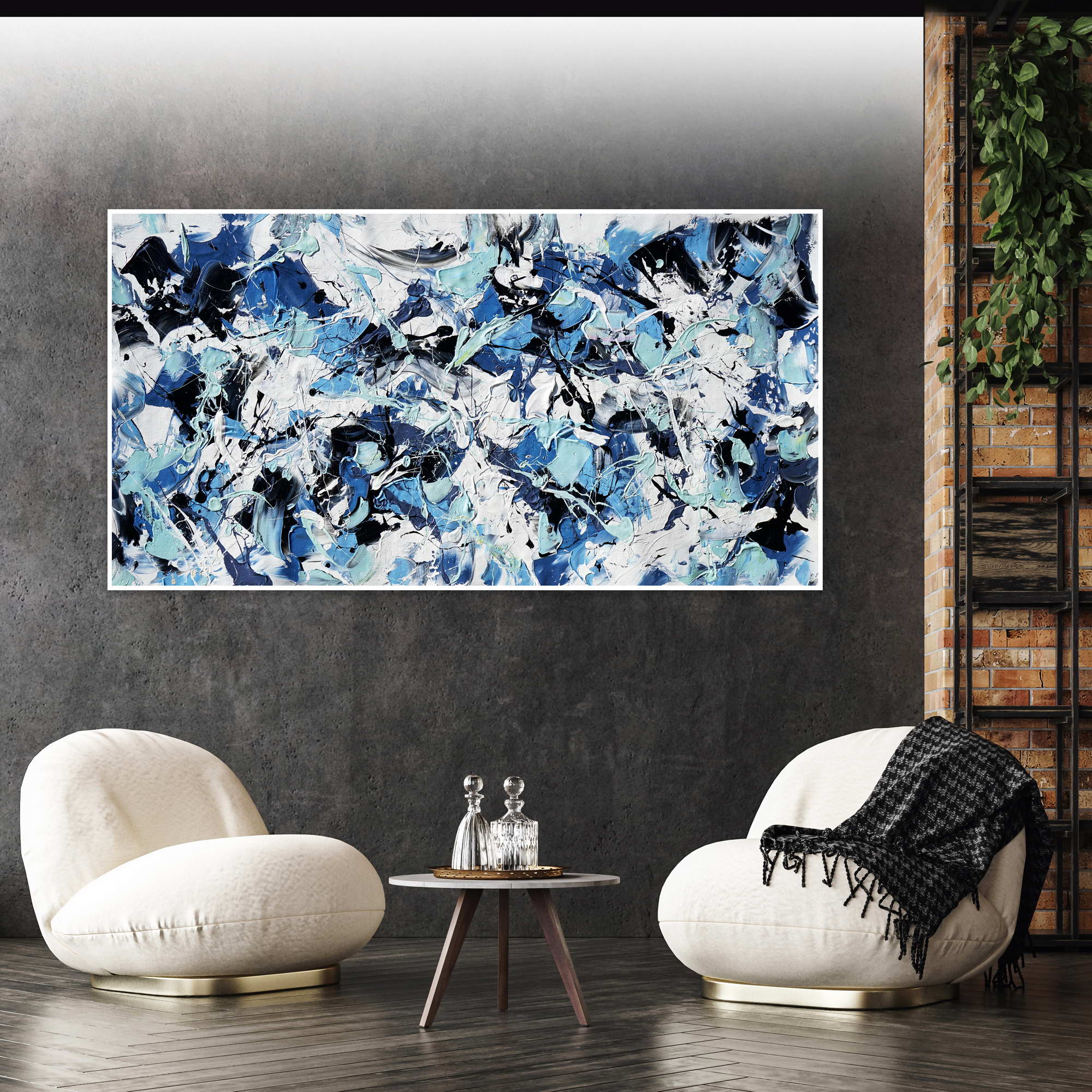 Hand painted Abstract White and Blue material 75x150cm