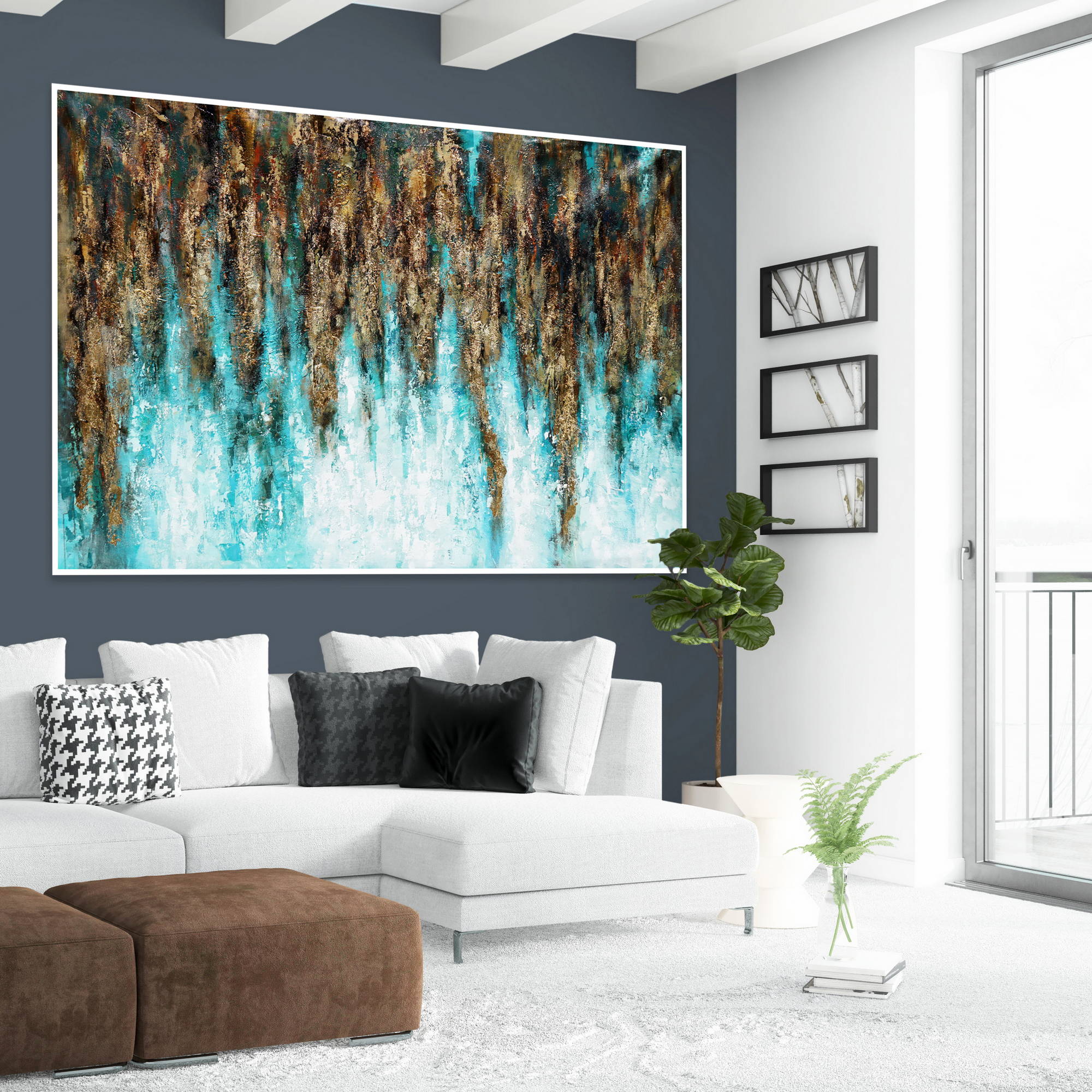 Hand painted Abstract Golden waterfalls 120x180cm