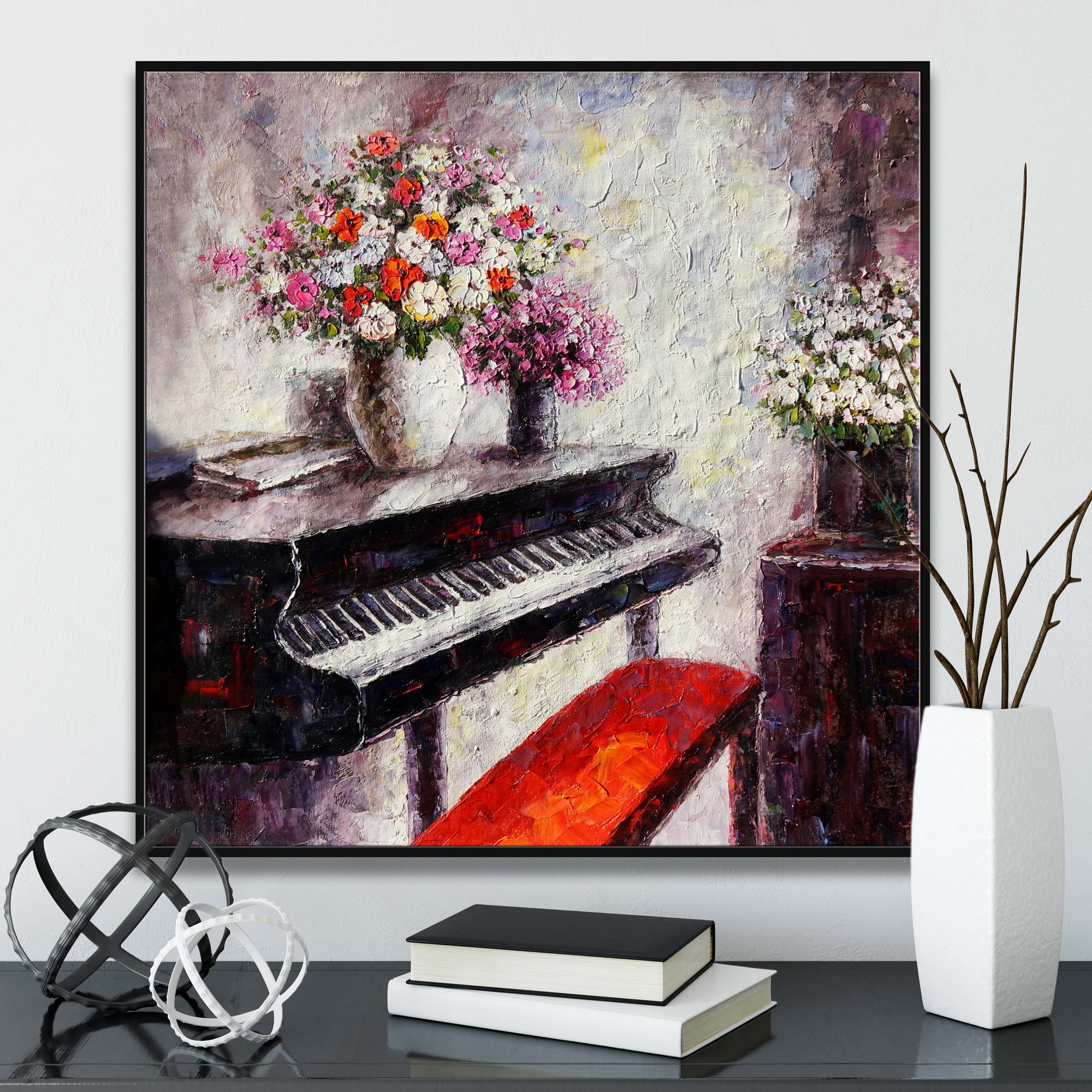 Dipinto impressionista con pianoforte e vaso di fiori