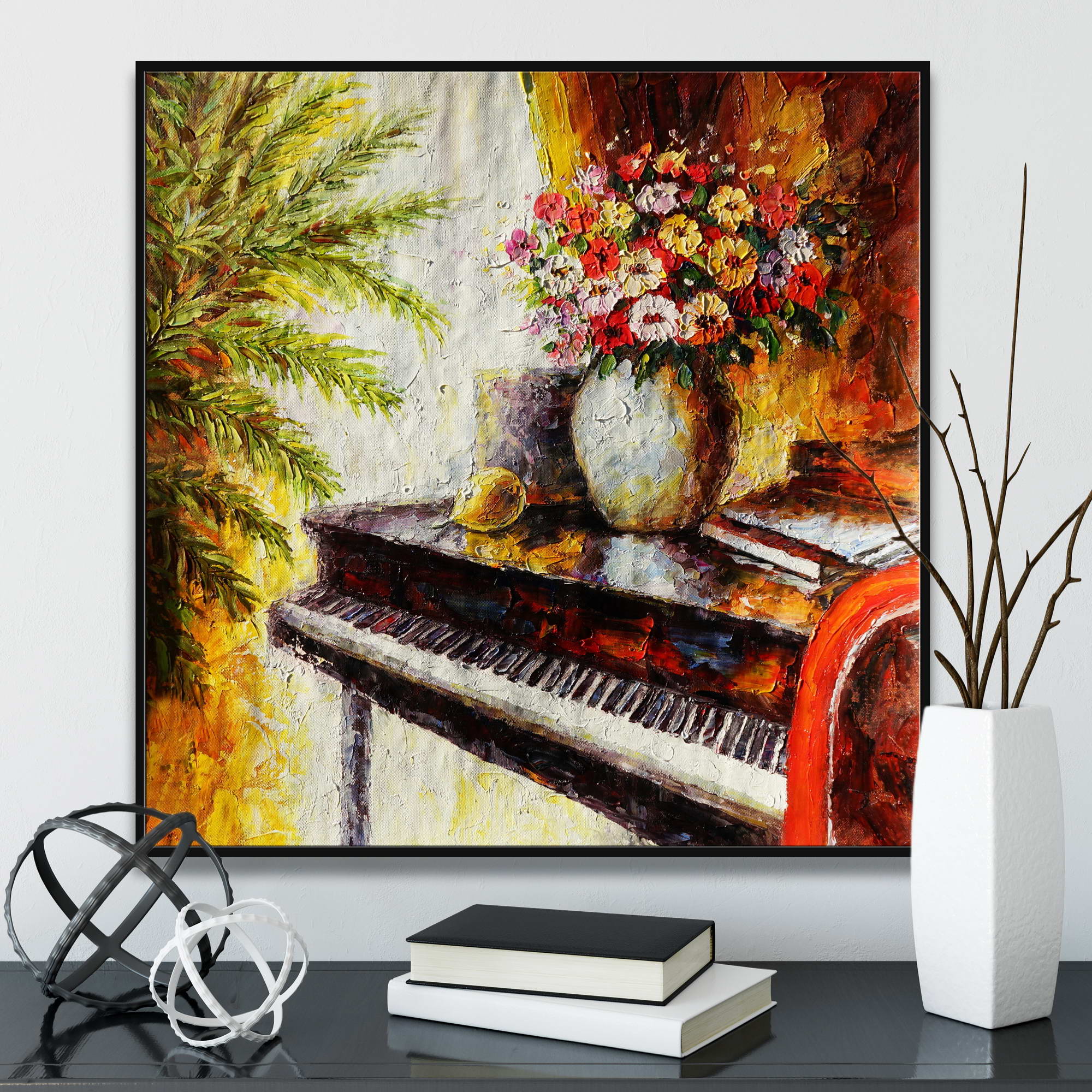 Dipinto di fiori su pianoforte in stile impressionista