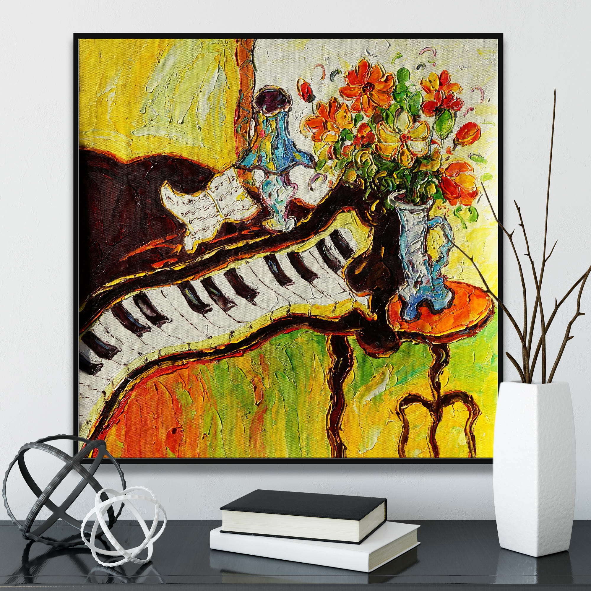 Dipinto espressionista di vaso di fiori su un pianoforte