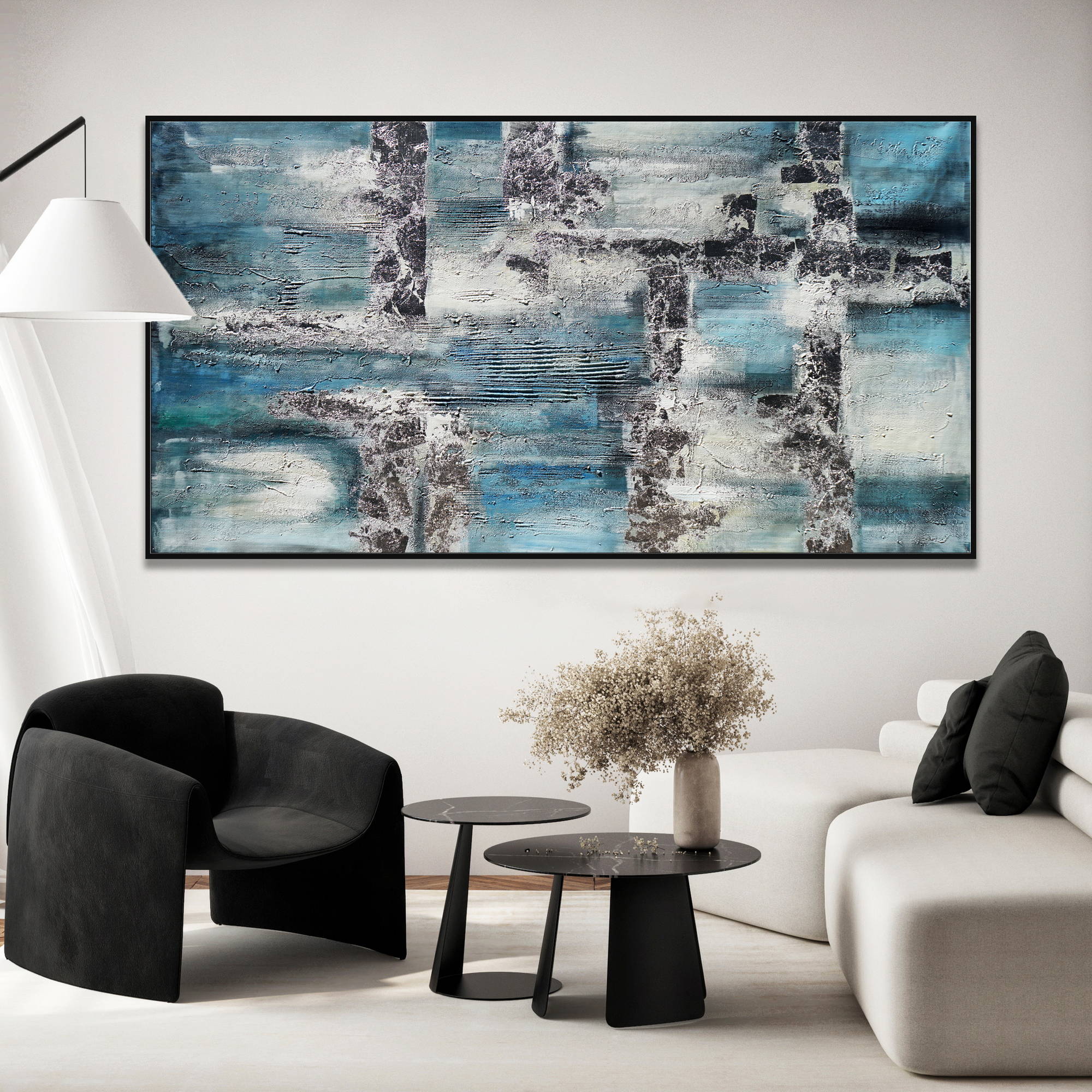 Hand painted Abstract Geometries Silver and Blue 90x180cm