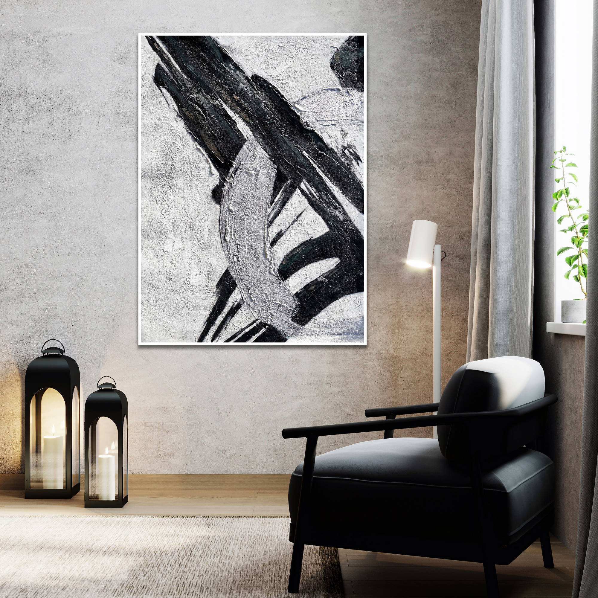 Hand painted Abstract Black and White Geometries 80x120cm