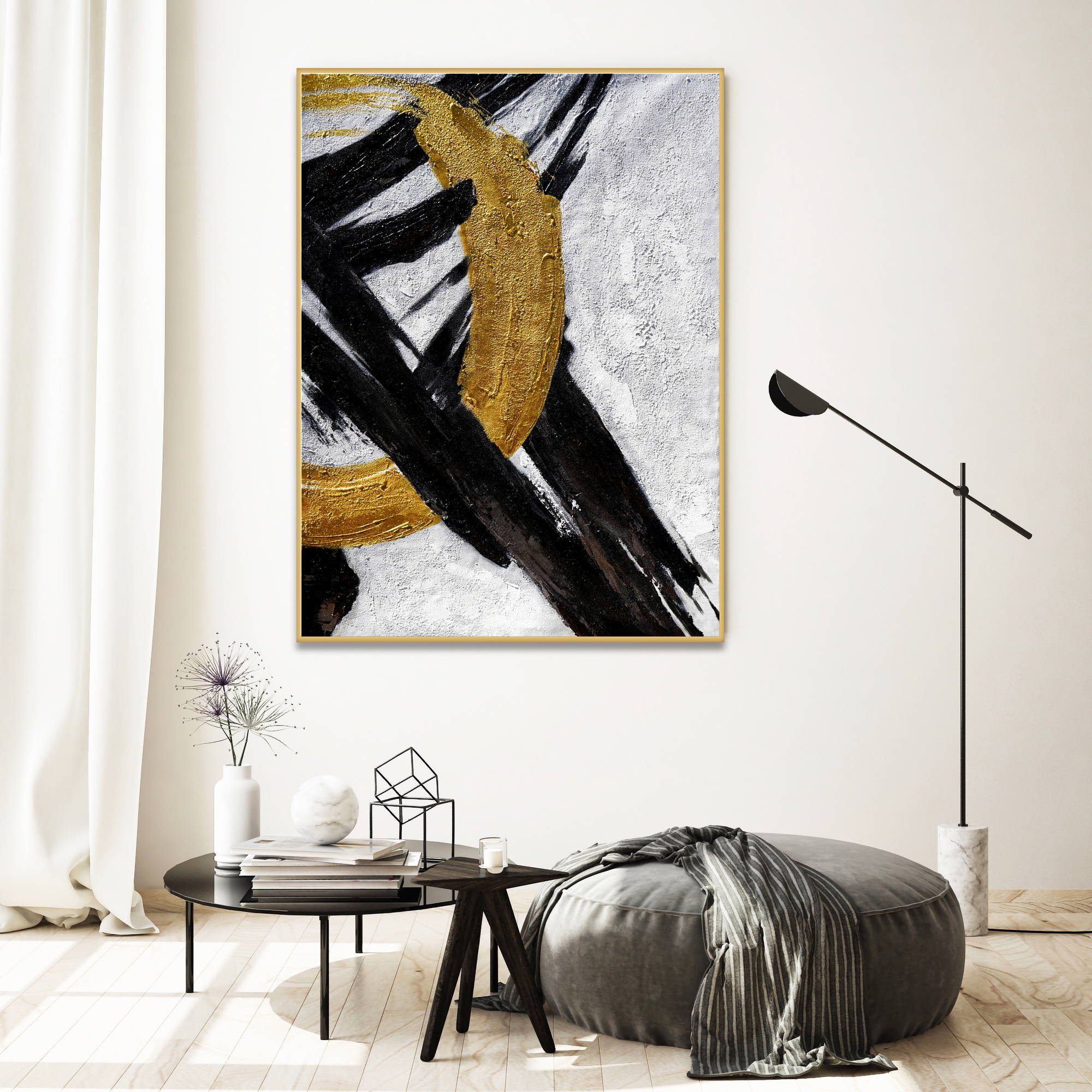 Hand painted Abstract Black and Gold Geometries 80x120cm
